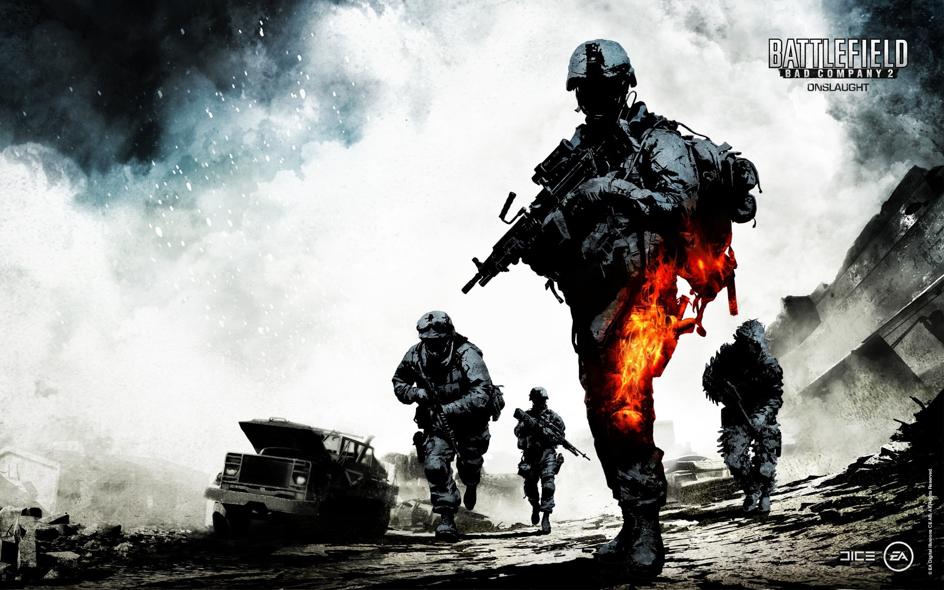 Battlefield game cover, soldiers, equipment, clouds, bad company 2