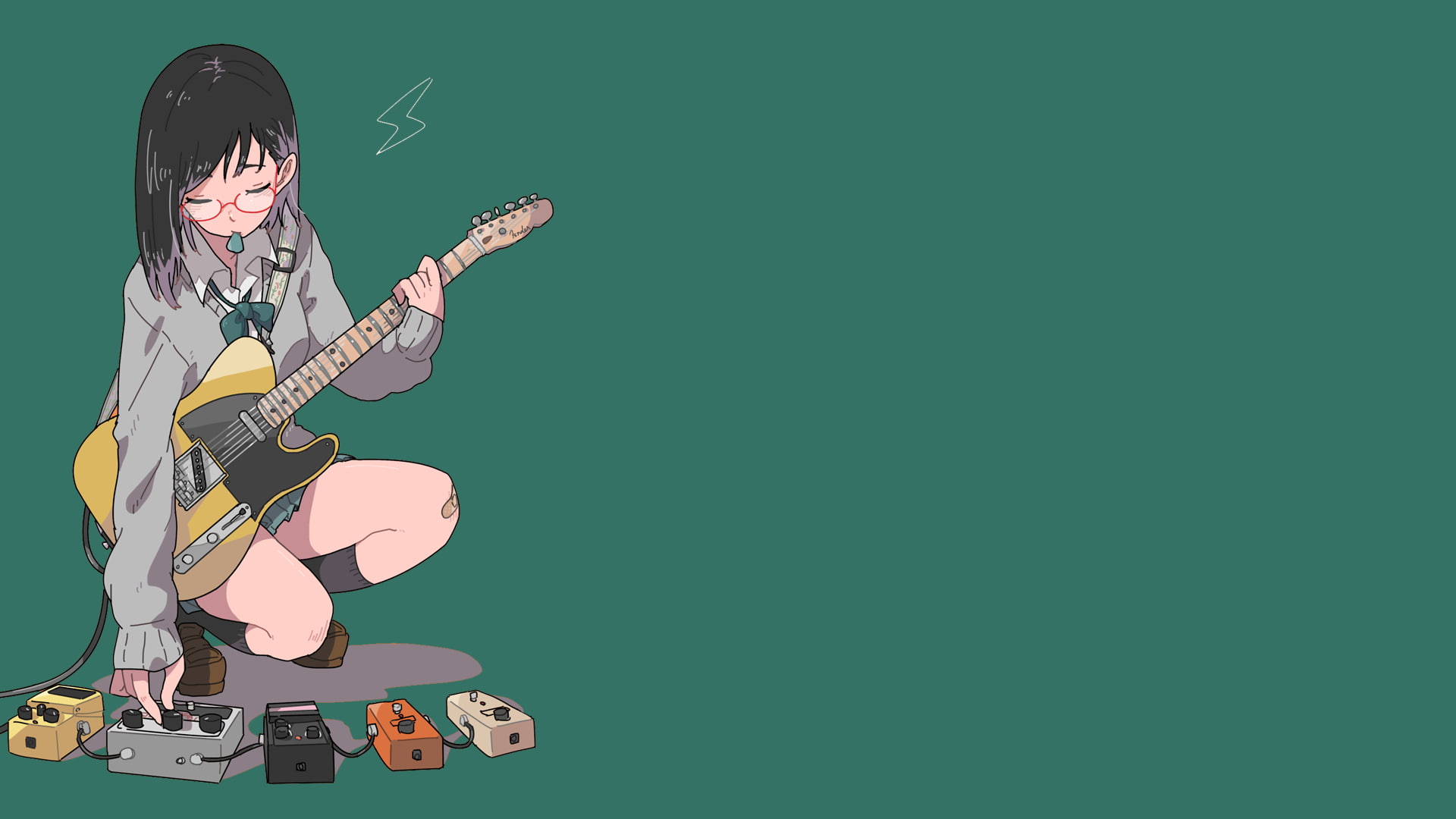 electric guitar, minimalism, anime girls, women with glasses