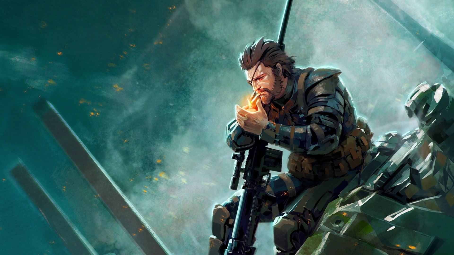 man in blue armored suit holding rifle illustration, Metal Gear Solid V: The Phantom Pain