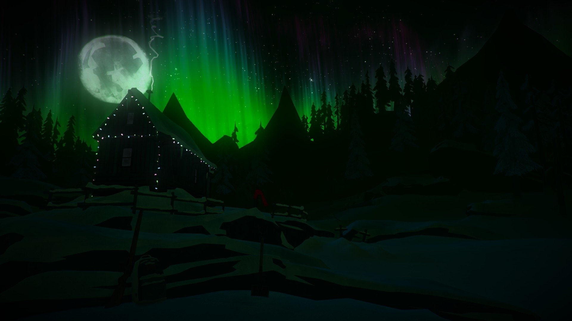 Video Game, The Long Dark, Aurora Borealis, Cabin, Moon, Night