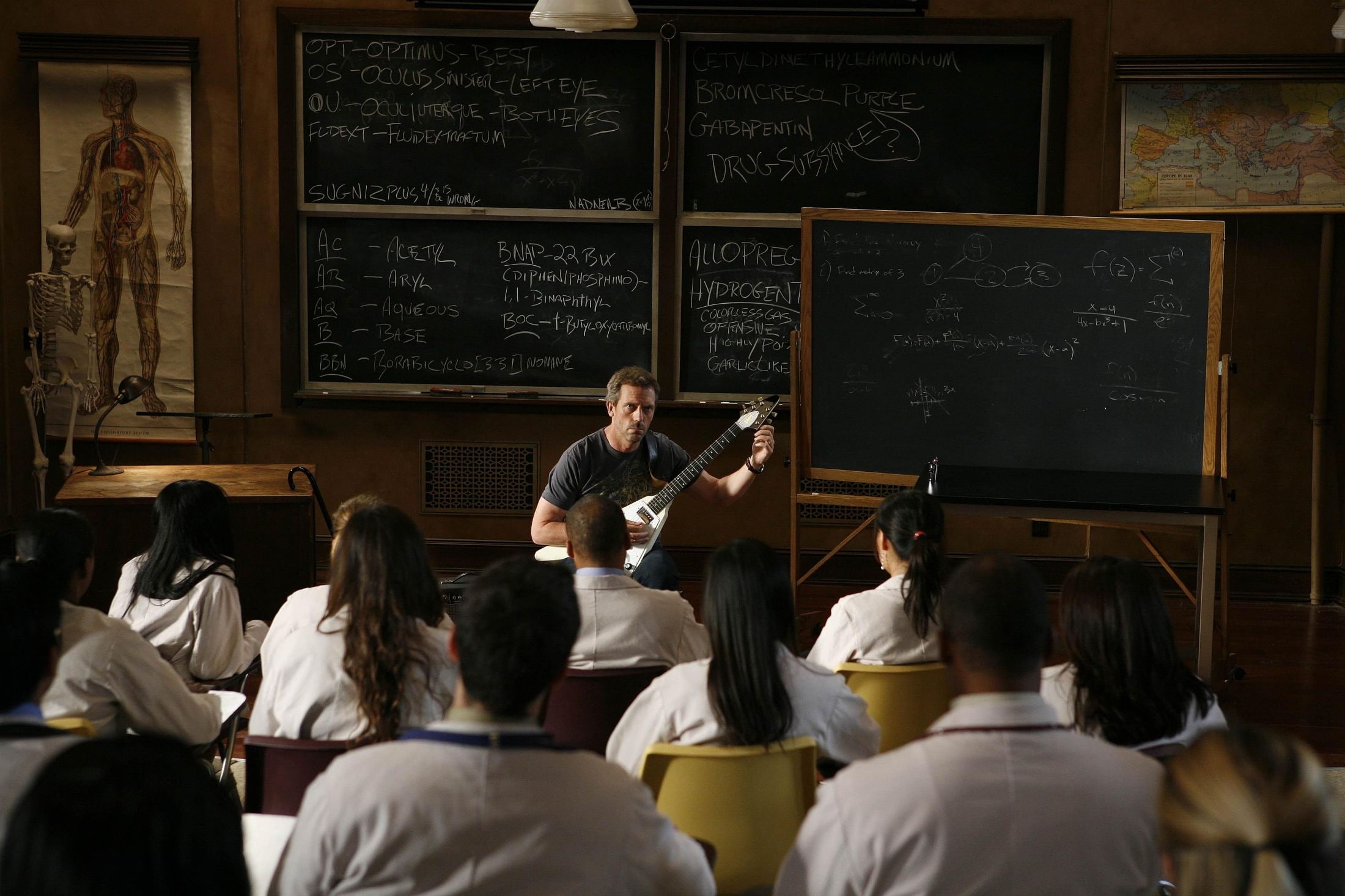 classroom guitars hugh laurie gregory house chalkboards house md 2200x1466  Architecture Houses HD Art