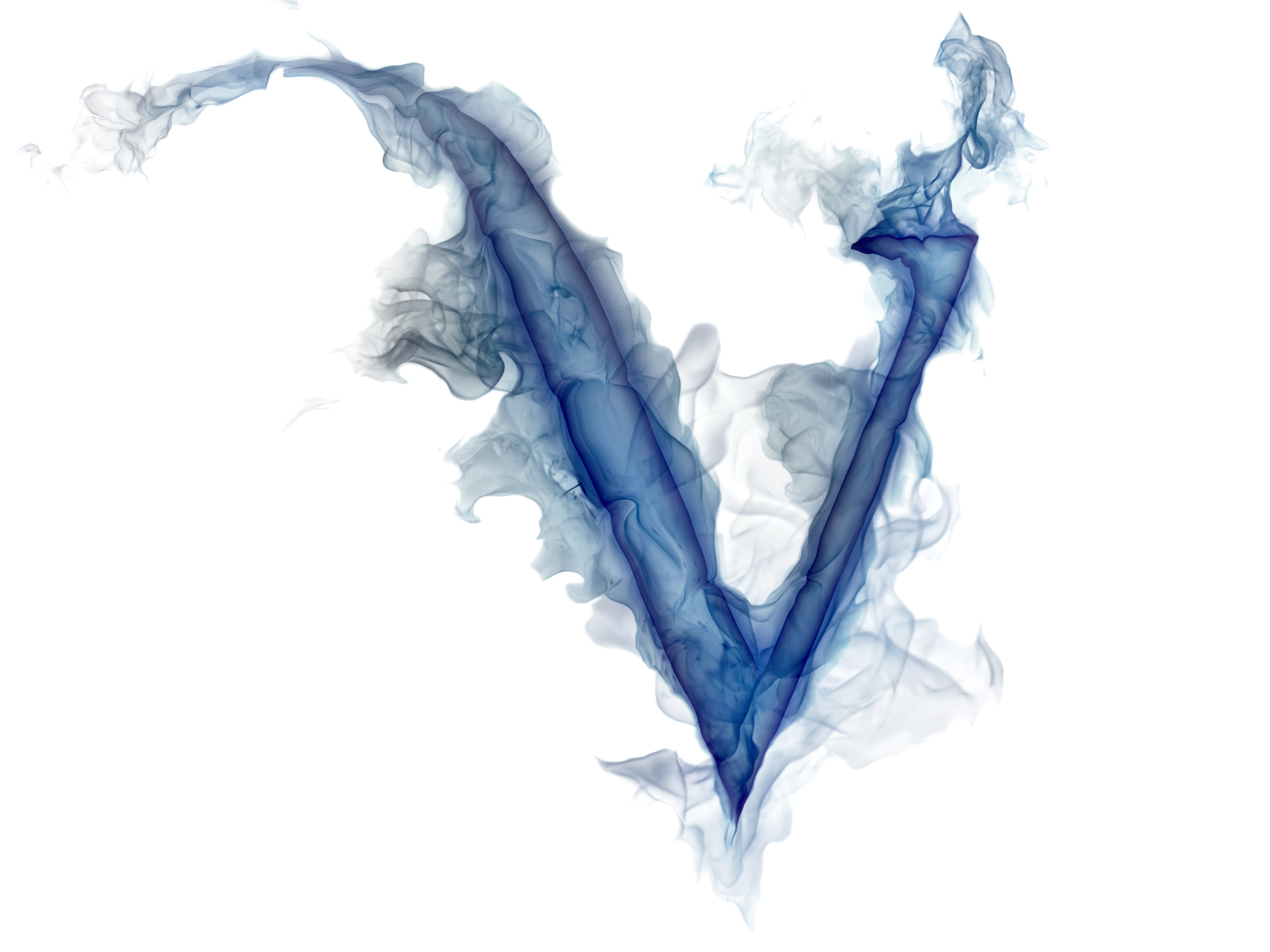 blue V logo, smoke, gas, letter, Litera, white background, smoke - physical structure