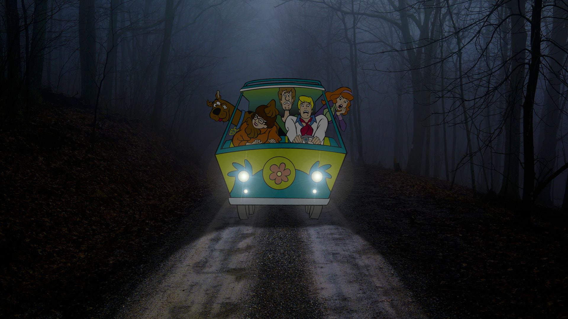 Scooby-Doo Mystery Machine Night Forest Trees Lights HD, cartoon/comic