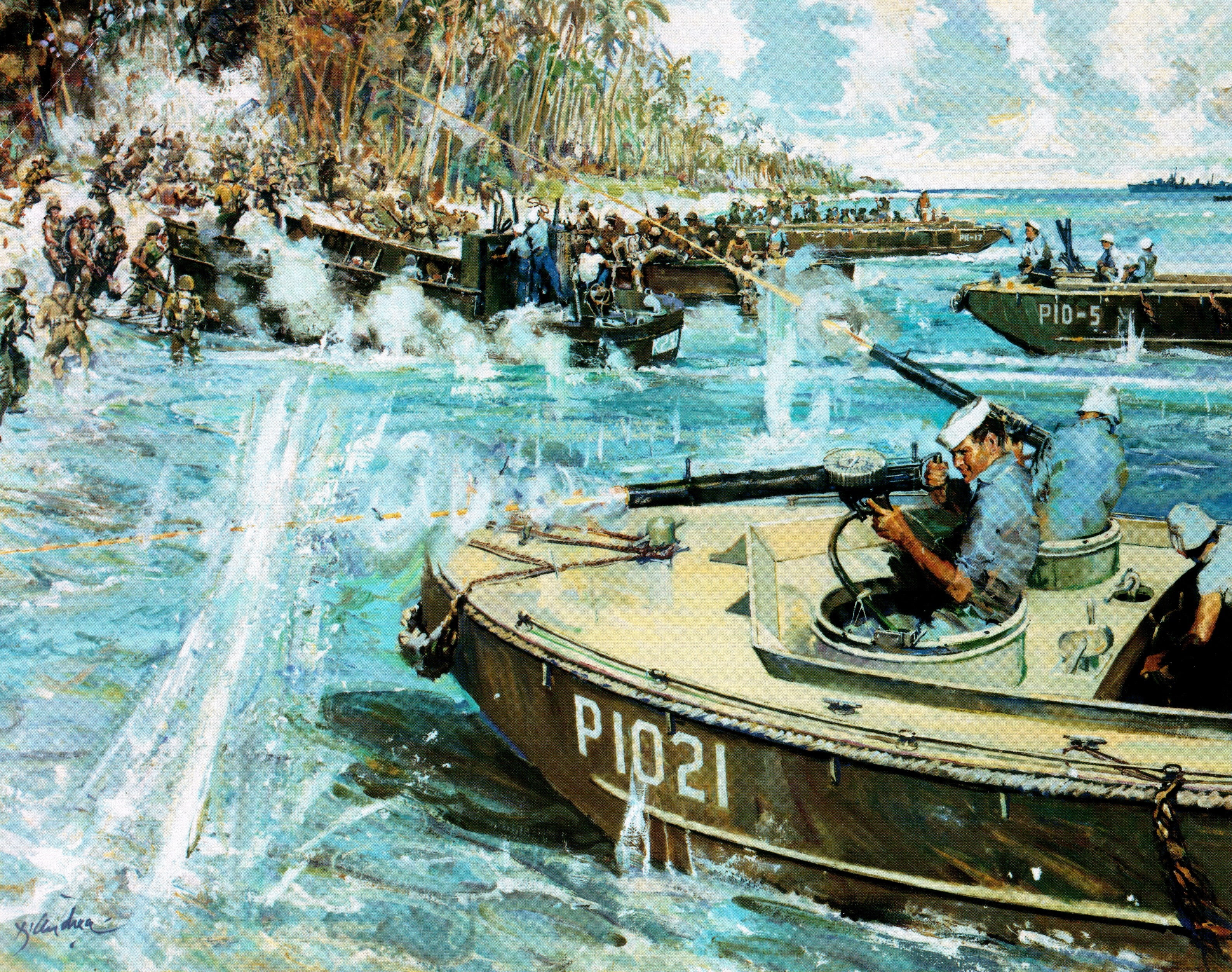 painting of soldiers fighting with people on shoreline, attack