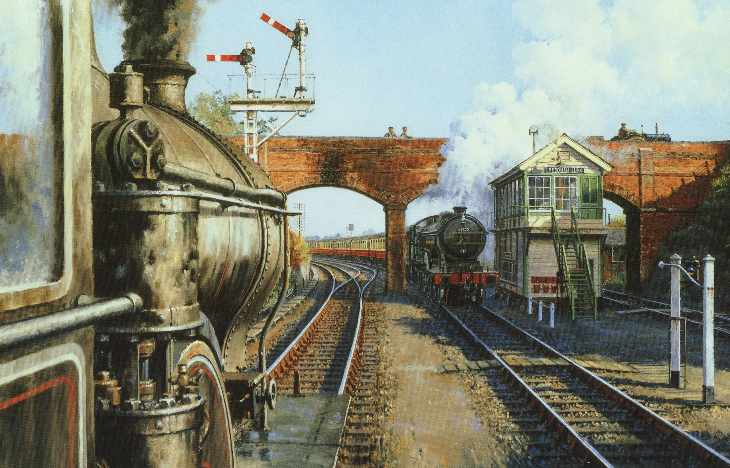black trains painting, landscape, bridge, smoke, the engine, picture