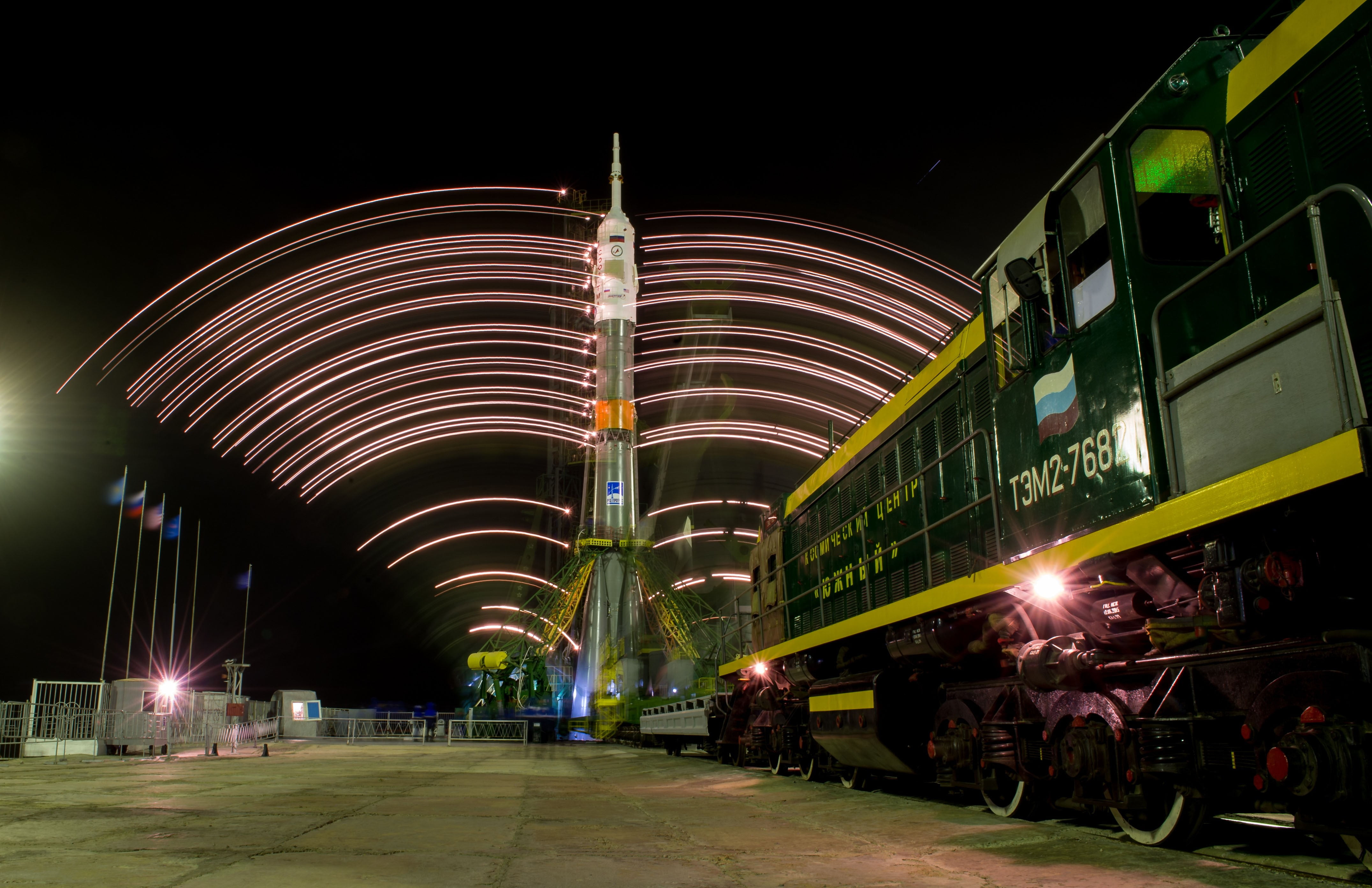 night, lights, train, Baikonur Cosmodrome, Kazakhstan, rocket