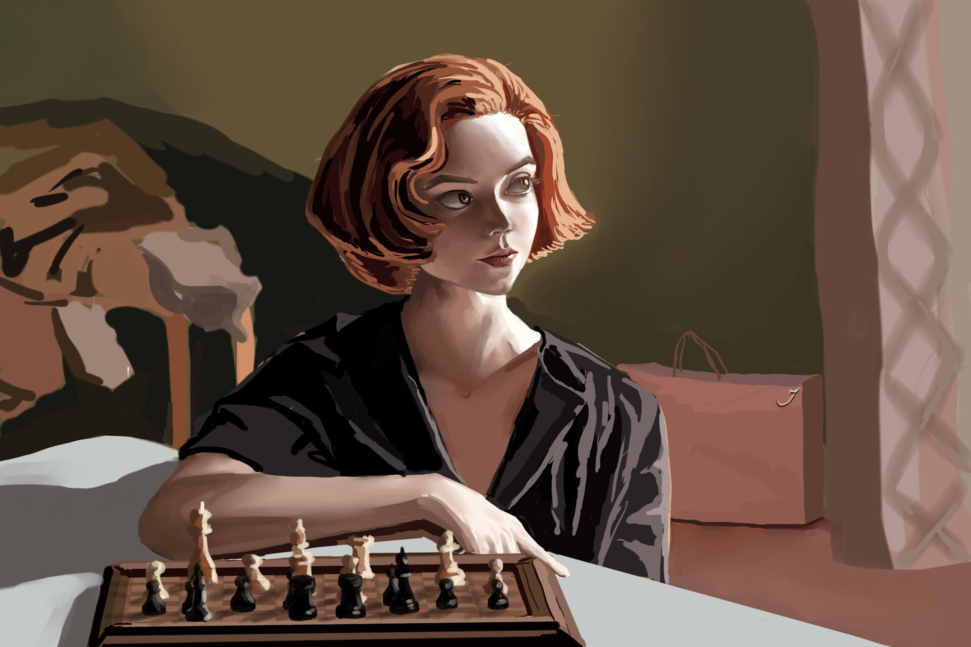 Dina (Artist), looking away, looking at the side, chess, short hair
