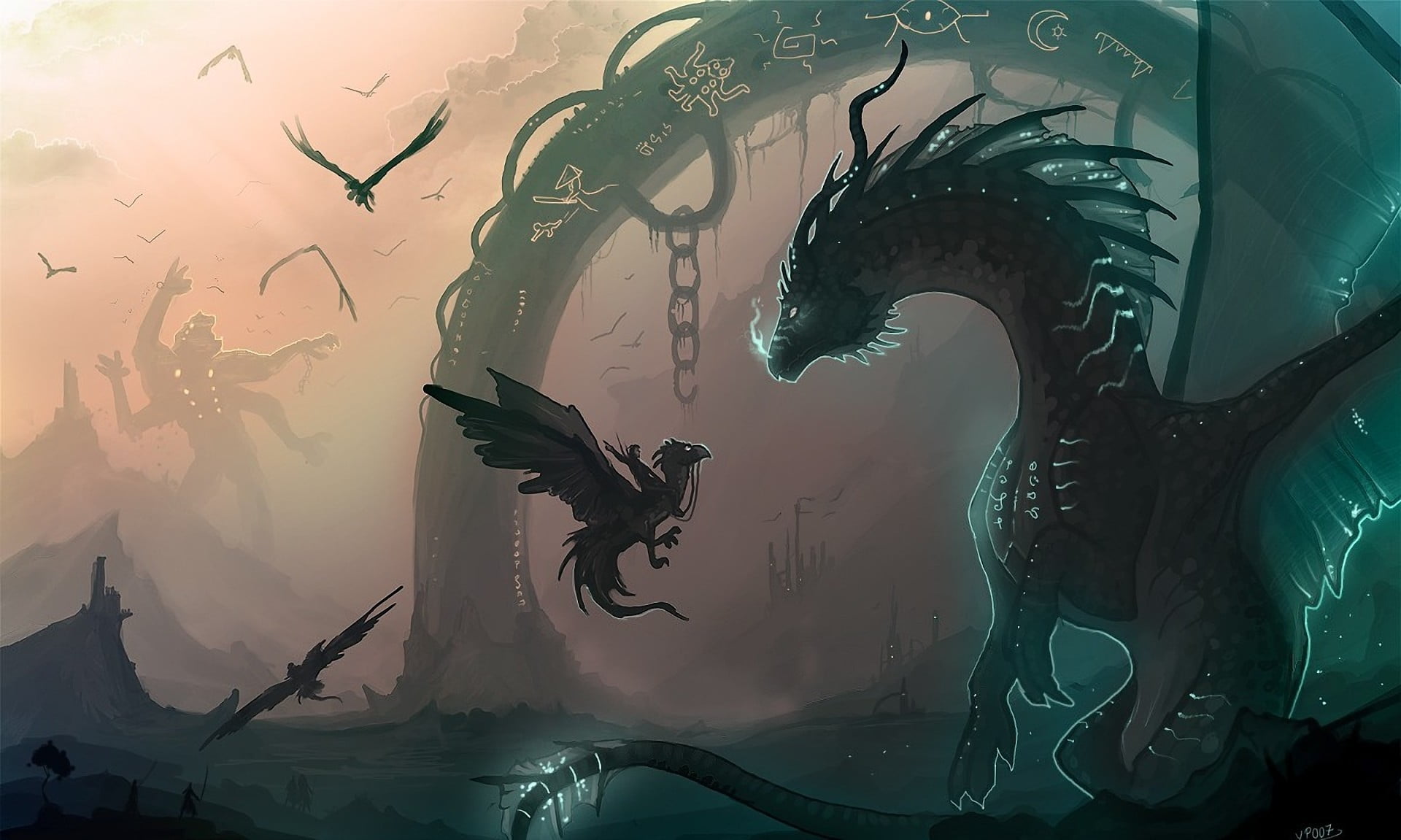 black dragon illustration, magic, monster, dragons, art, arch
