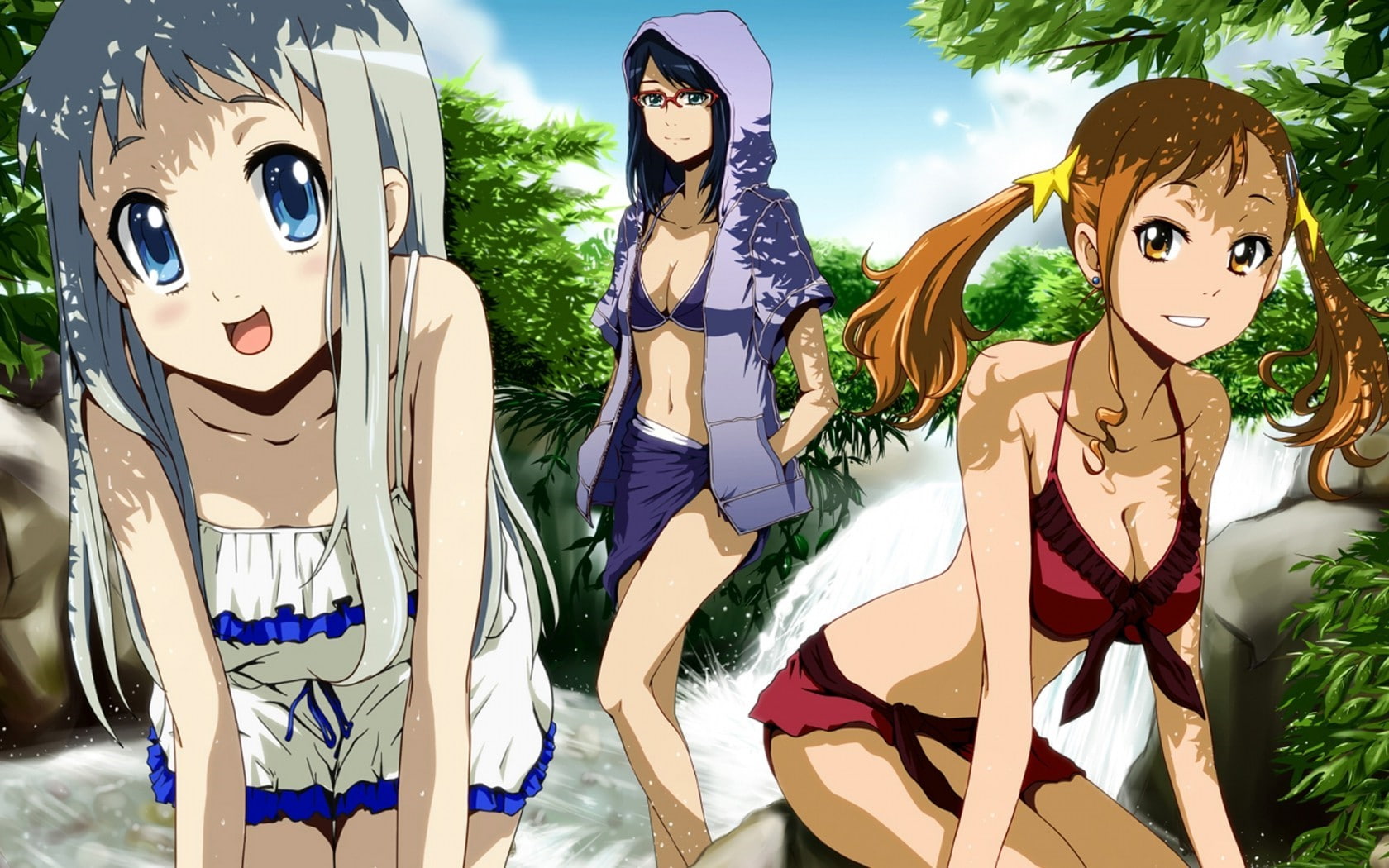 swimwear anime river ano hi mita hana no namae wo bokutachi wa mada shiranai anime girls anjou naruko honma meiko tsurumi chiriko cleavage lingerie bikini ecchi