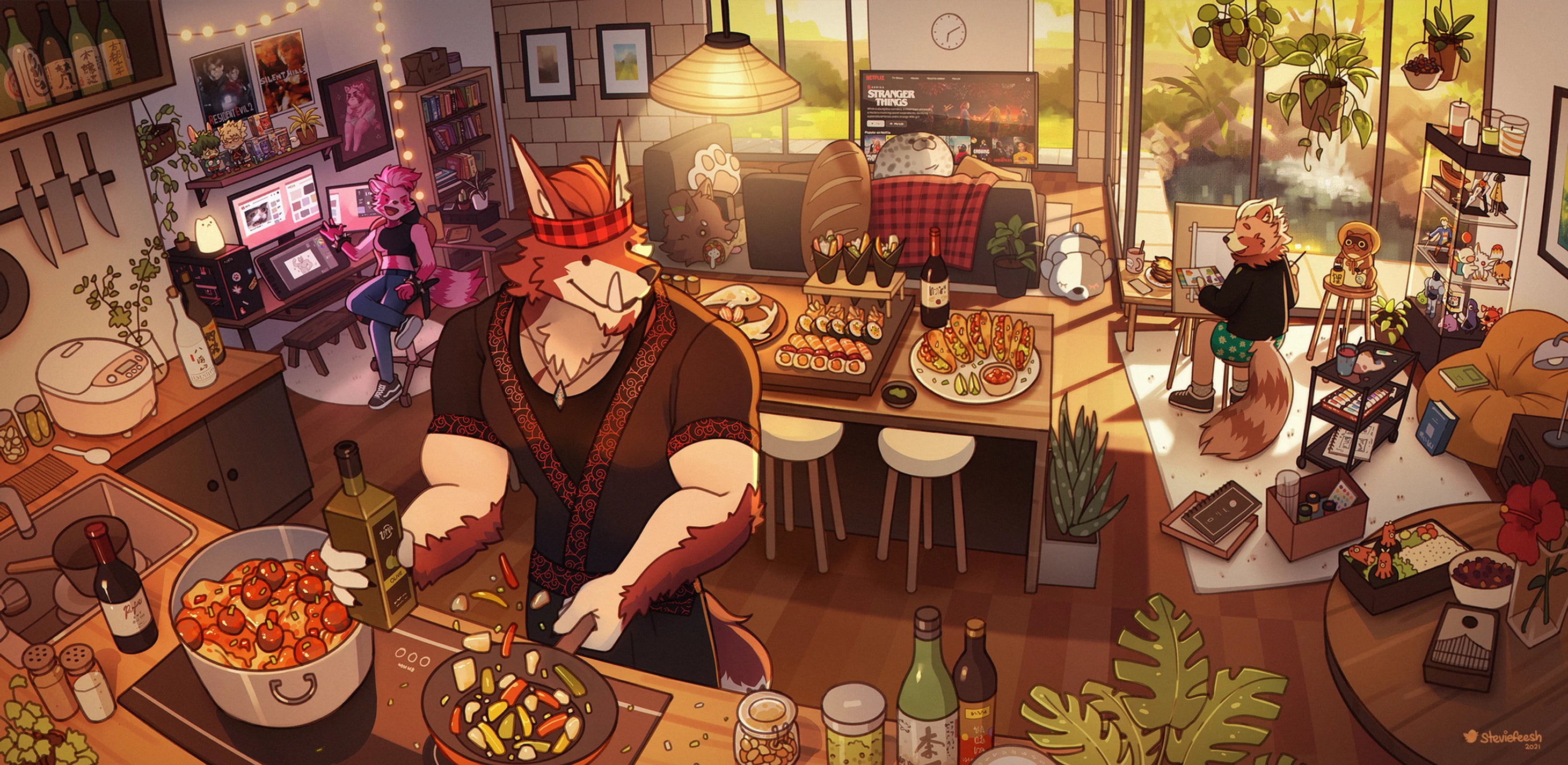 steviefeesh, cooking, sushi, couch, plants, knife, red panda