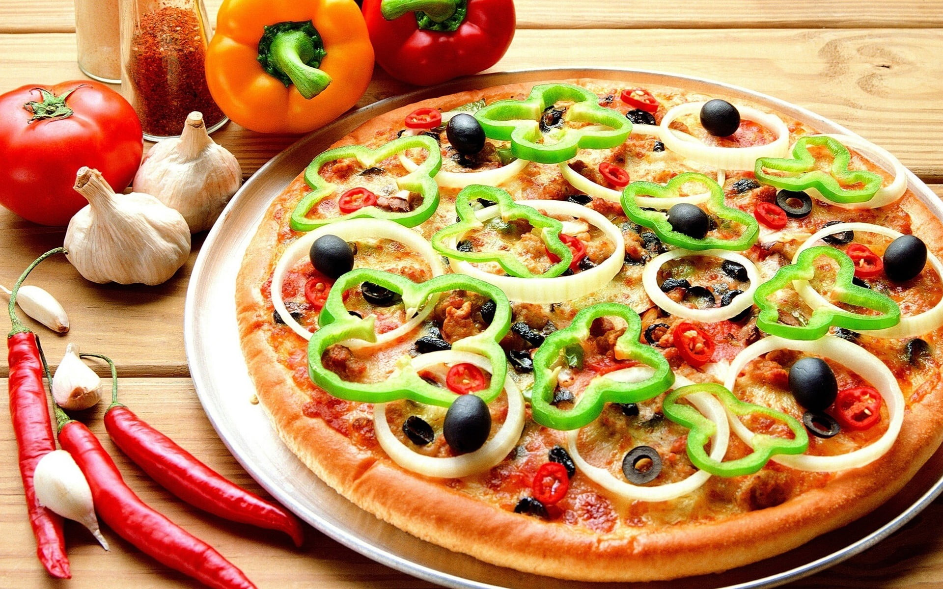 pizza, vegetables, food, tomatoes, peppers, chilli peppers