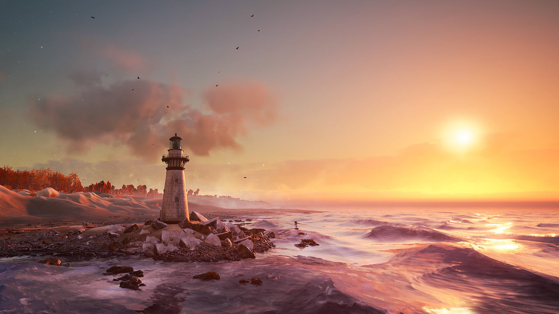 Unreal Engine 4, CGI, digital art, 3D, lighthouse, sea, landscape