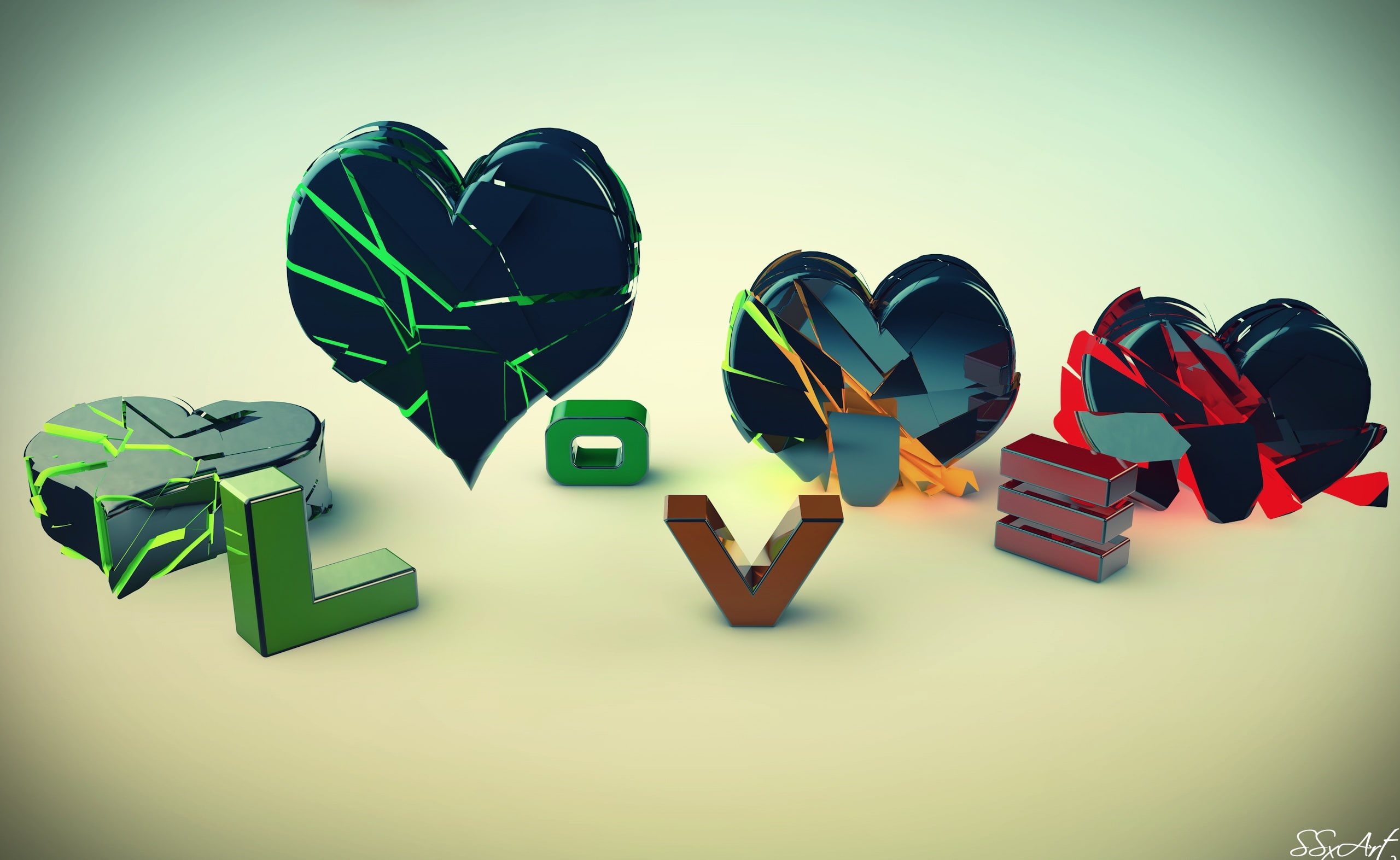 Love and Heart, black and green heart decor, Artistic, 3D, hd