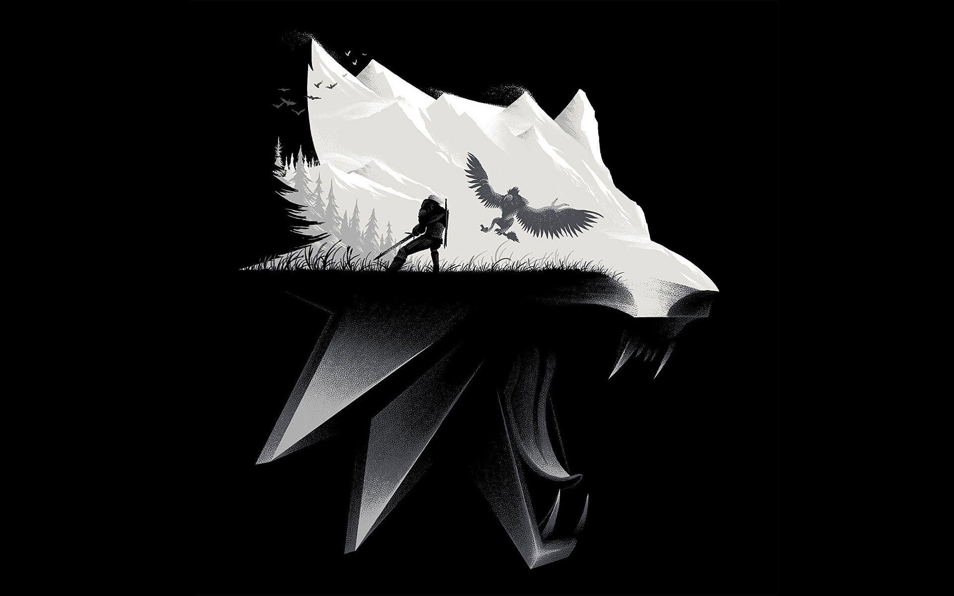 black and white wolf illustration, The Witcher, video games, The Witcher 3: Wild Hunt