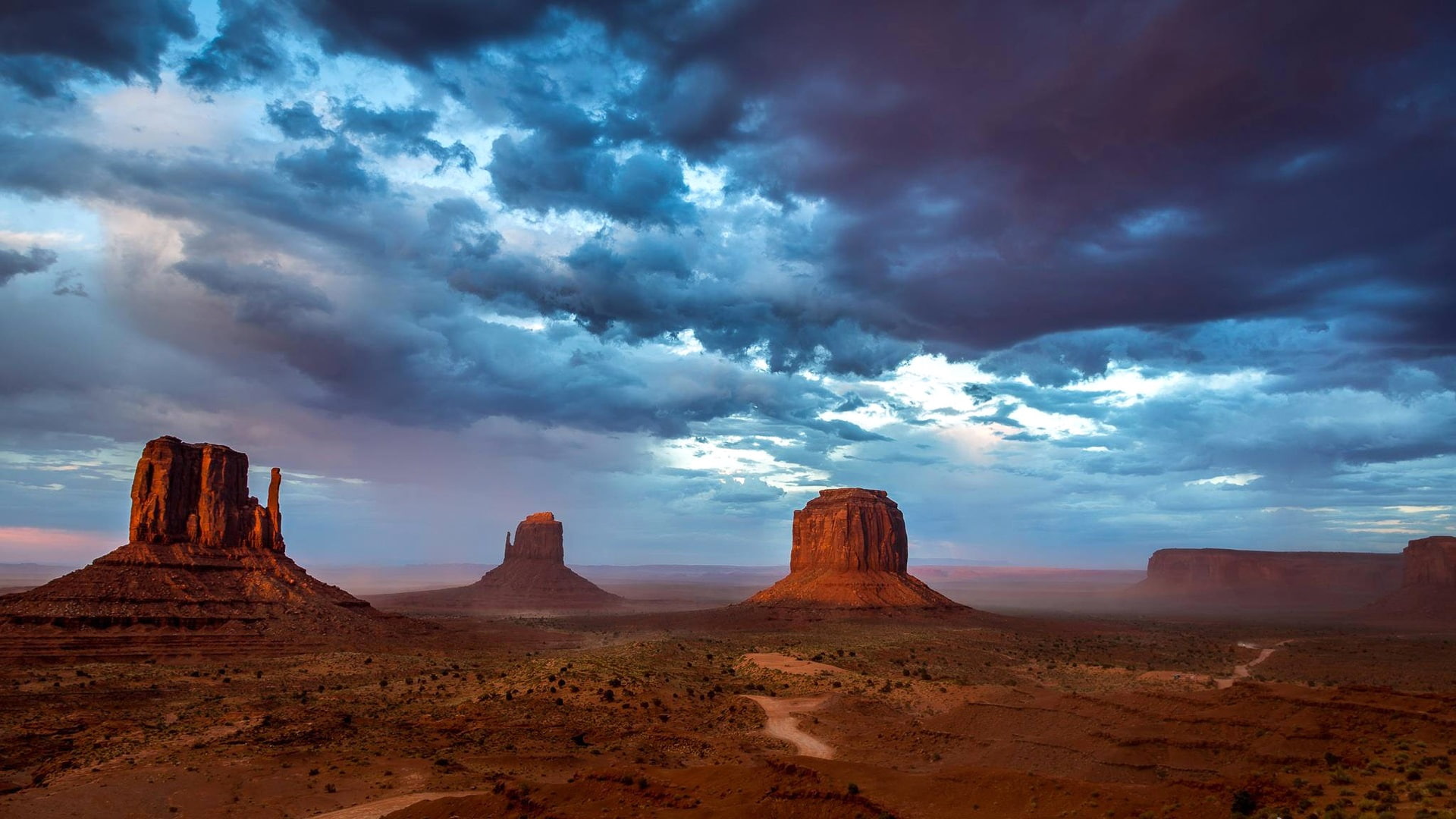 Monument Valley, USA, mountains, sky, blue clouds, evening