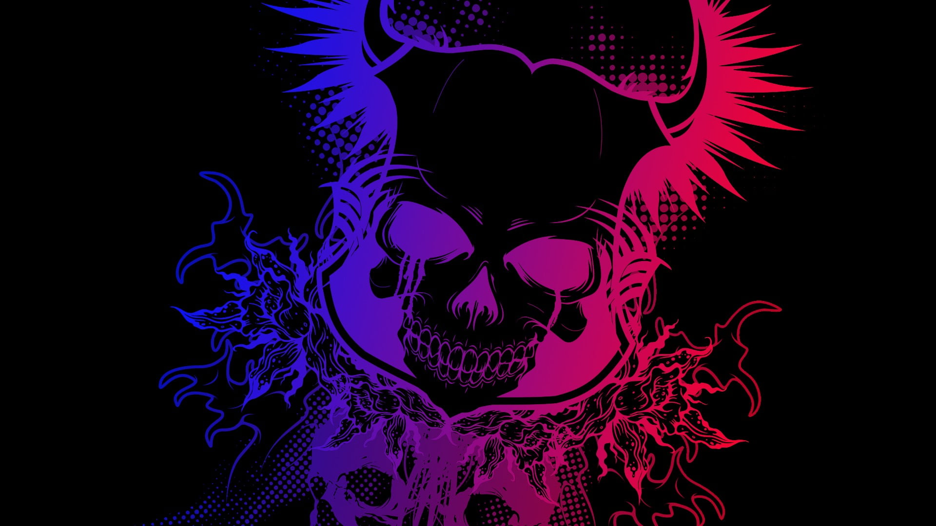 black, pink, and blue skull illustration, colorful, gradient