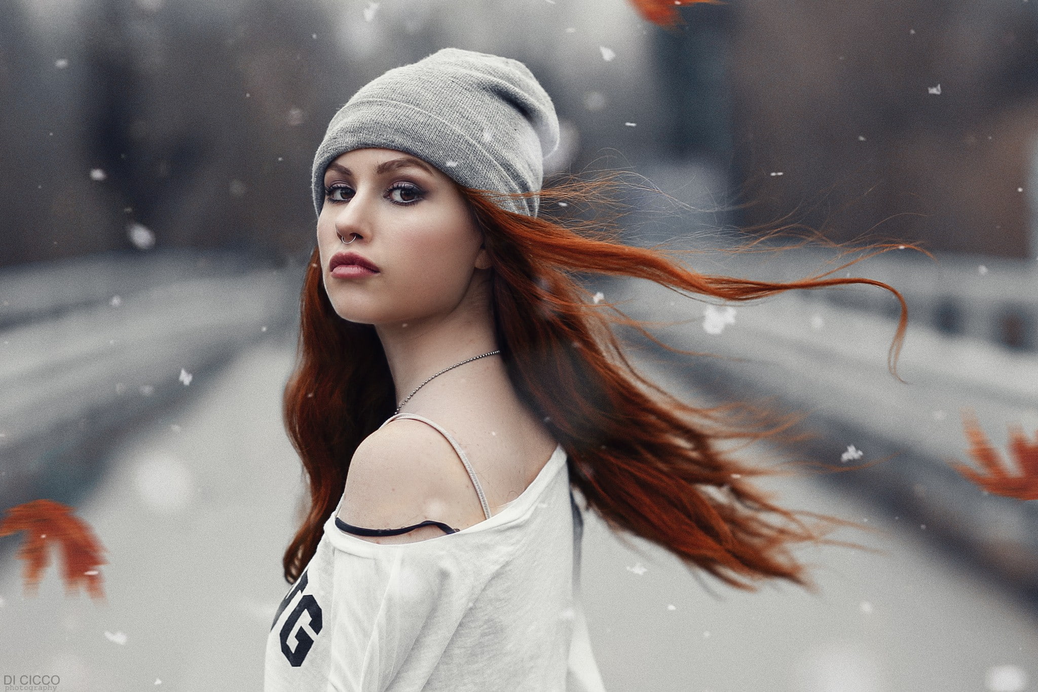 redhead, Valentina Galassi, portrait, snow, bare shoulders