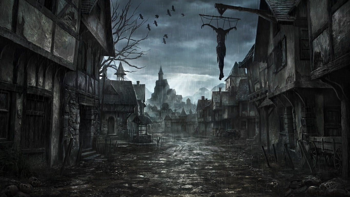 Diablo, crow, town, Bloodborne, rain