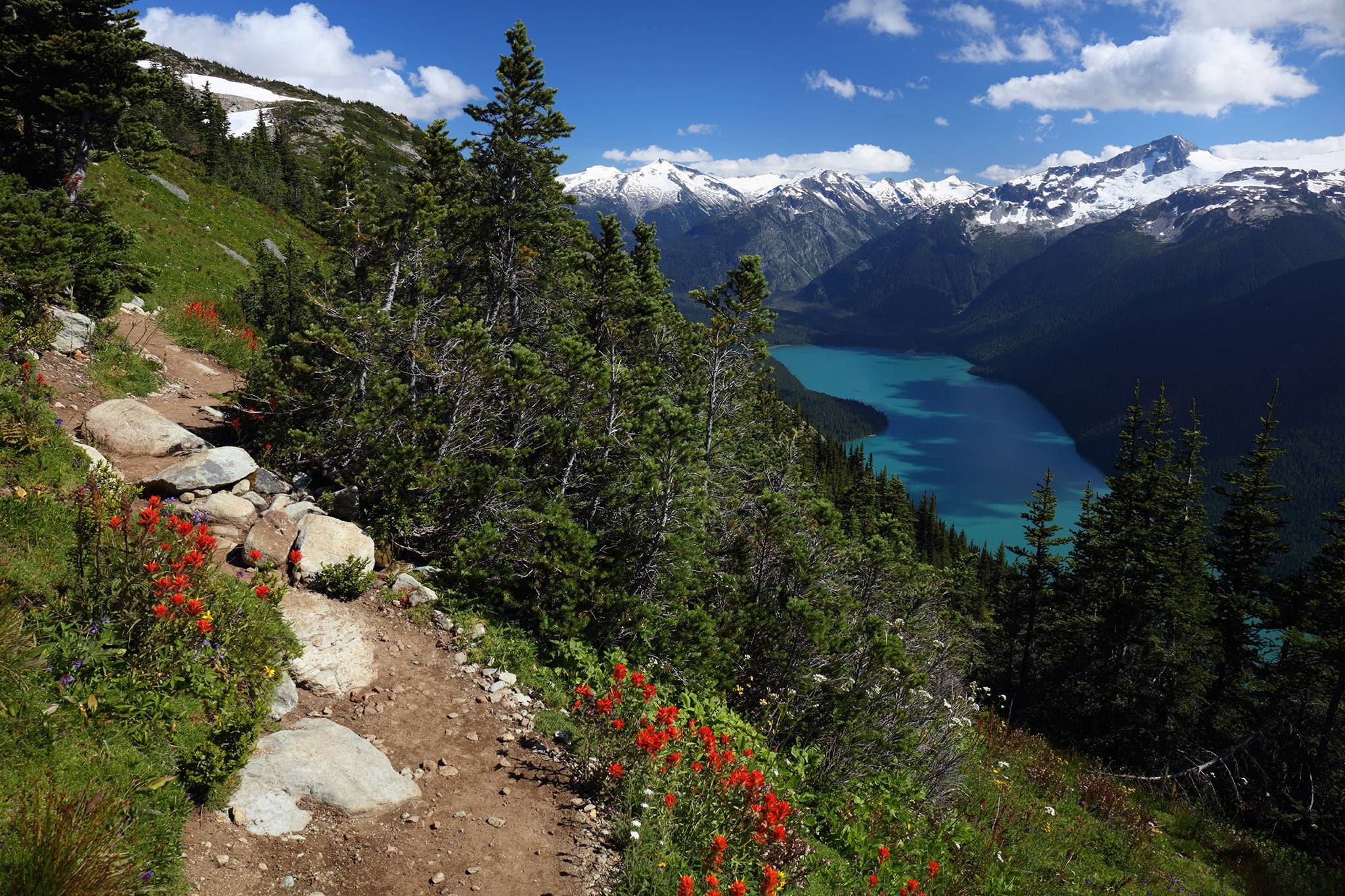 forest, mountains, lake, Canada, British Columbia, path, Coast Mountains