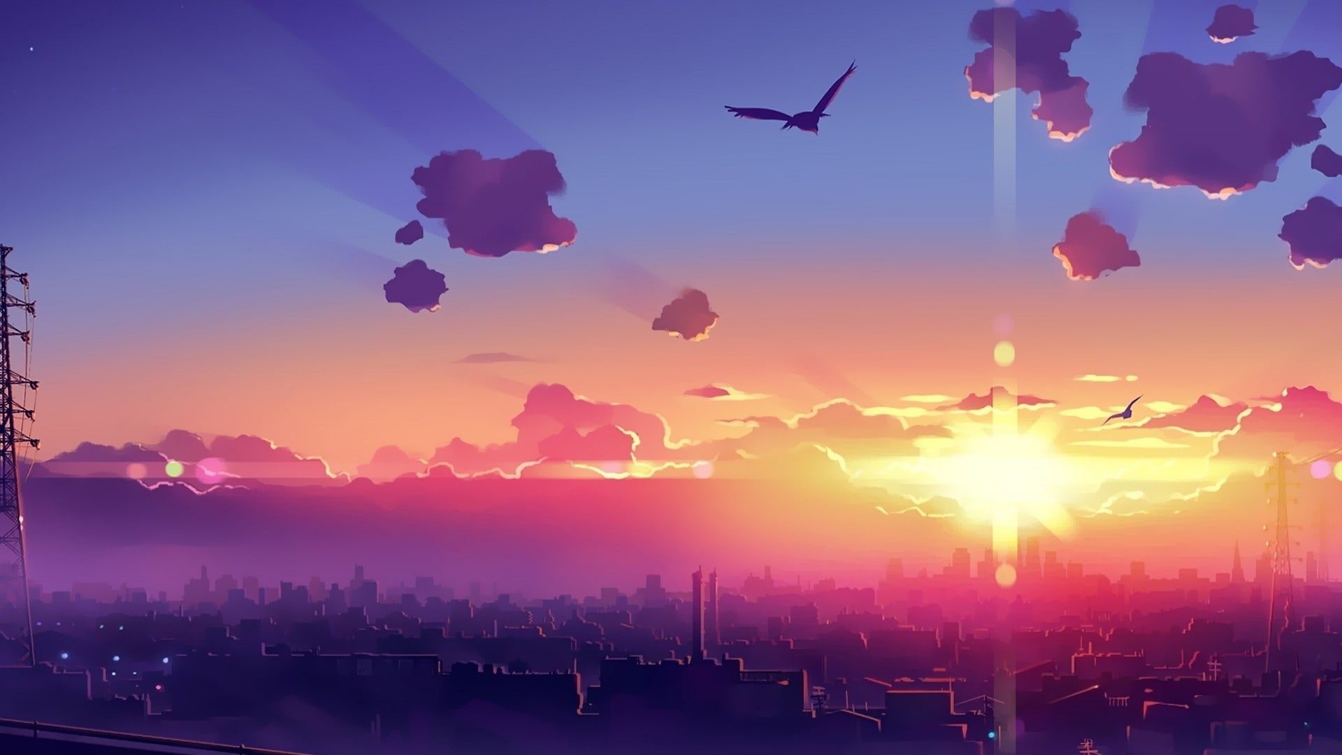Sunrise, City, Clouds, Birds, Flying, Buildings, Anime