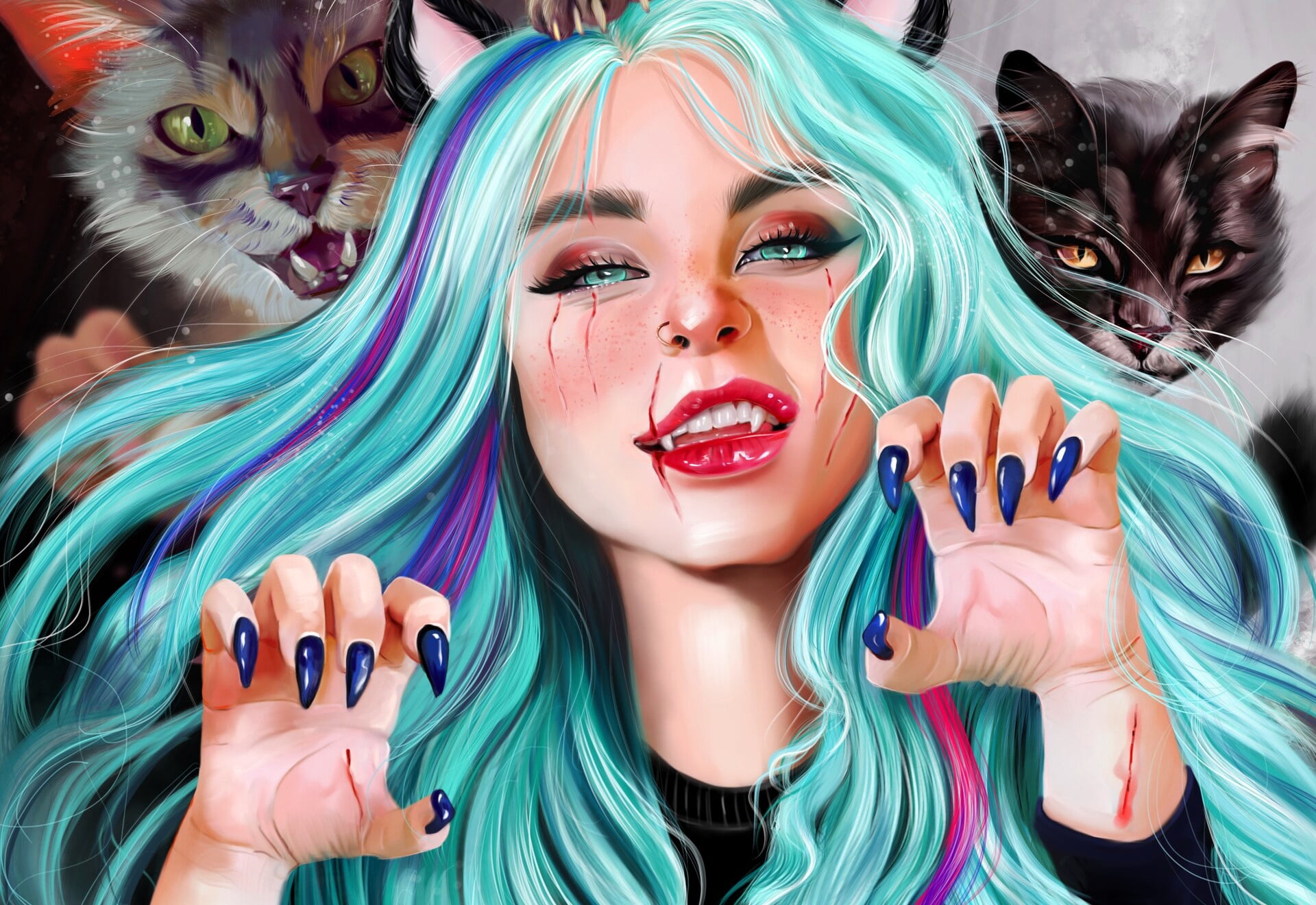 cats, animals, women, painted nails, long hair, artwork