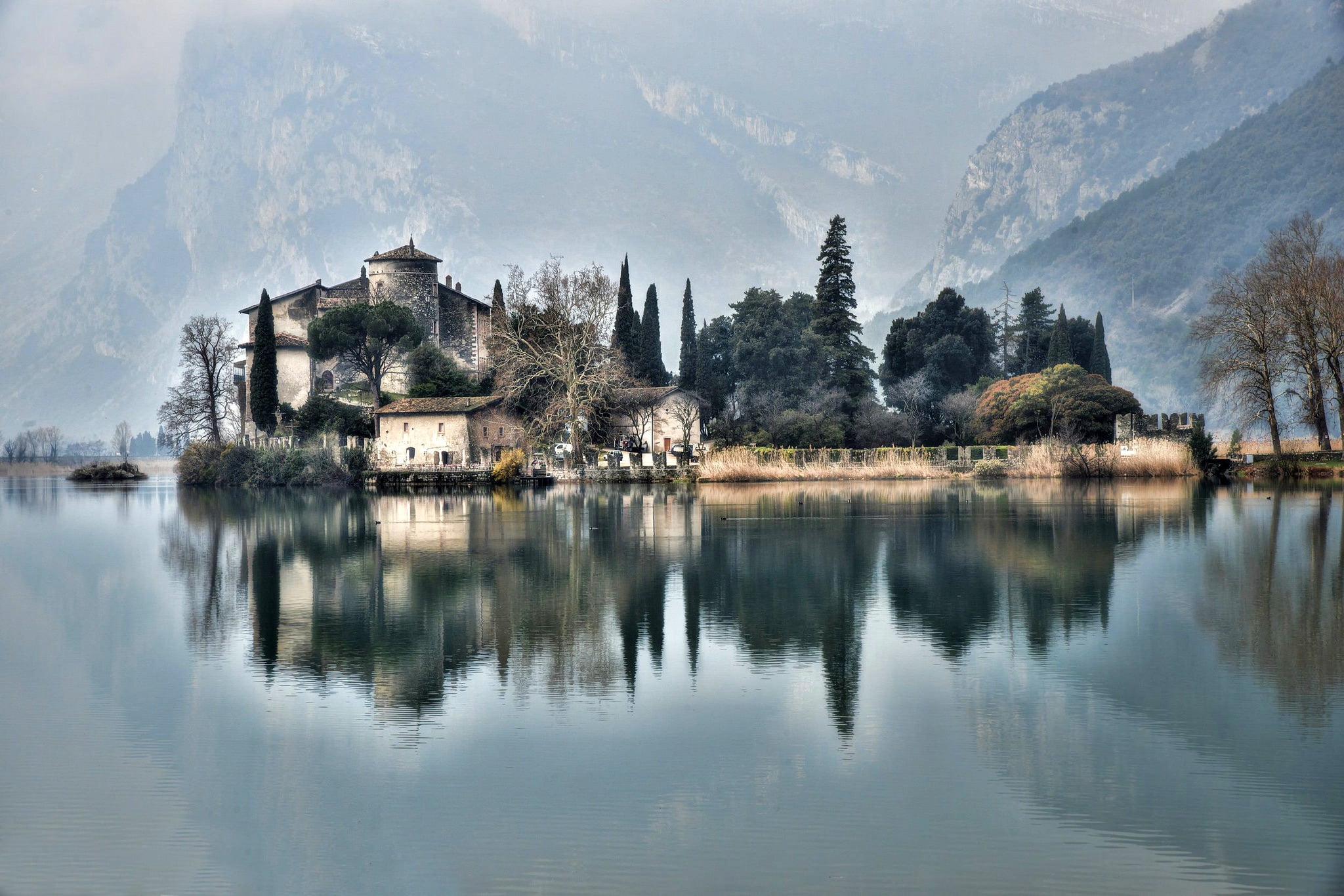 mountains, lake, castle, Alps, Italy, Castel Toblino, Lake Toblino