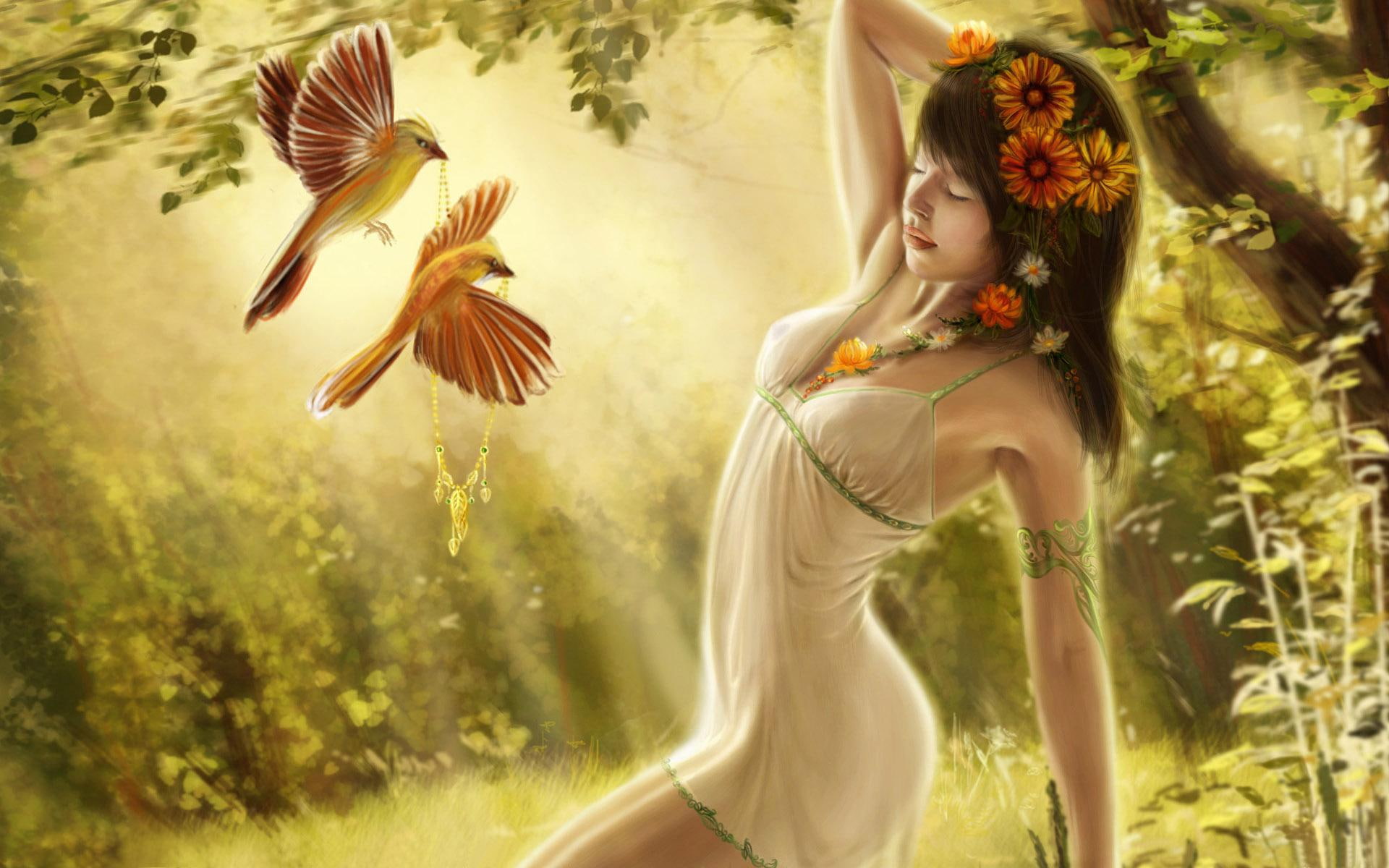 Digital Fantasy Girl Art, woman in white sheer dress and two birds painting