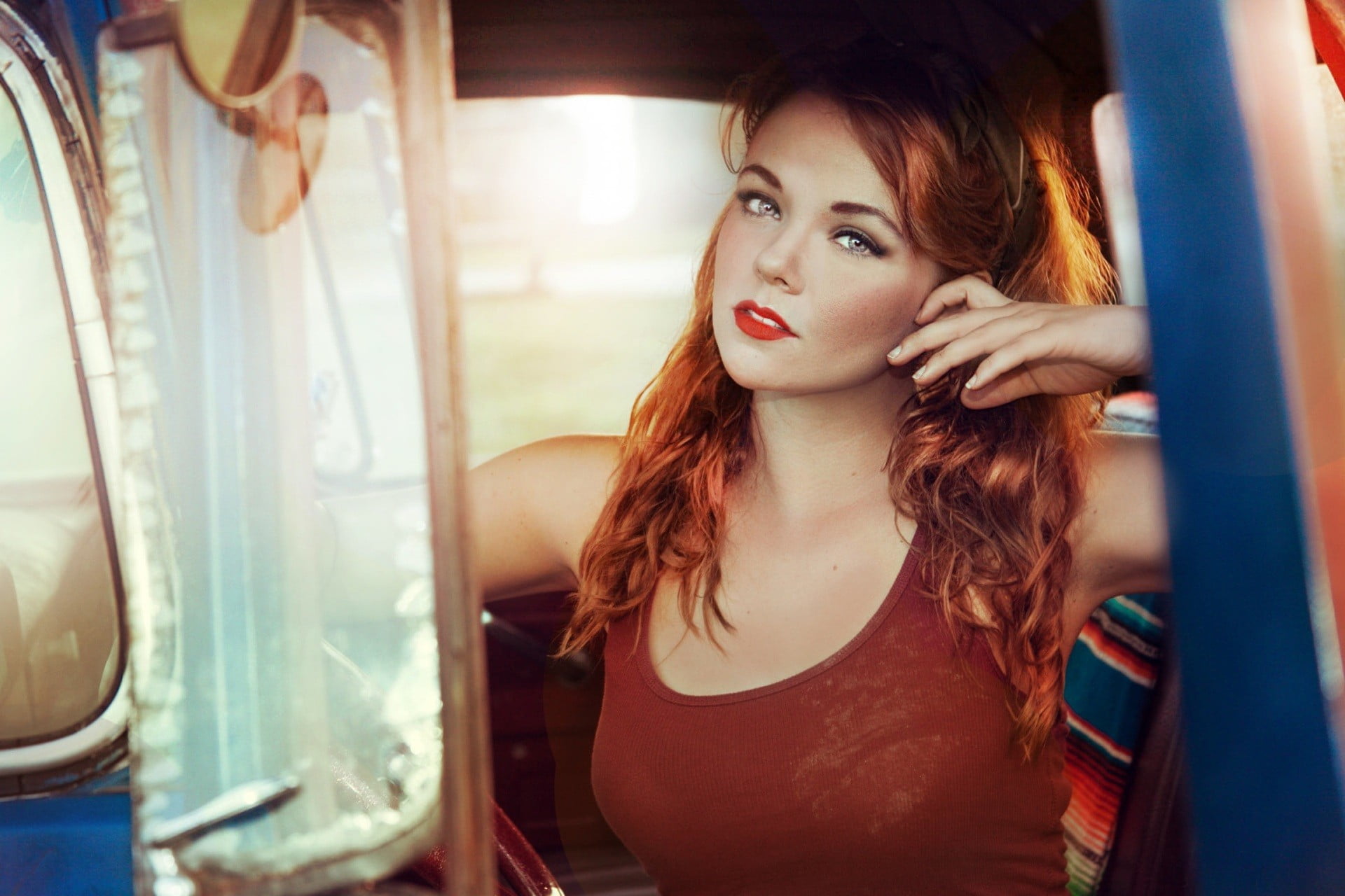 women's brown tank top, redhead, face, car, women with cars, red lipstick
