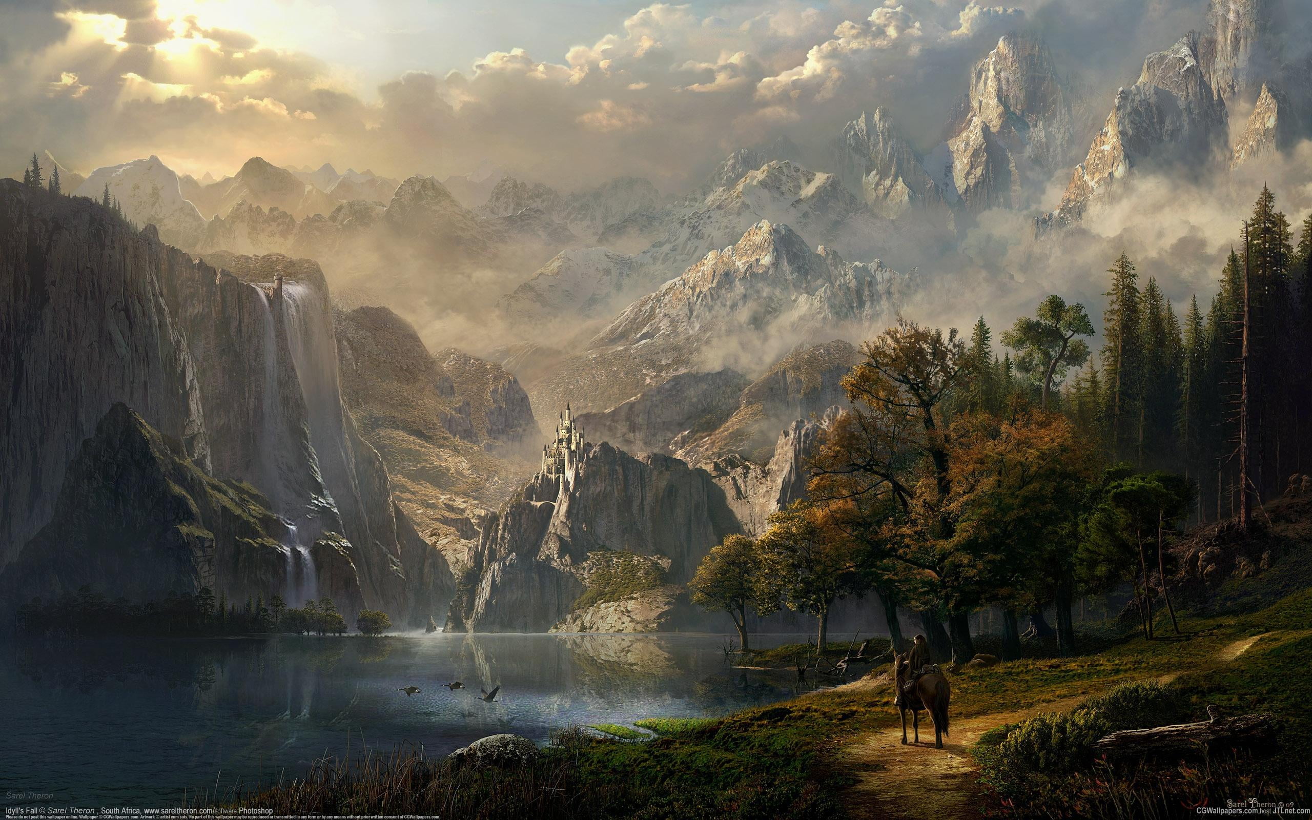 forest illustration, girl, mountains, lake, castle, horse, elf