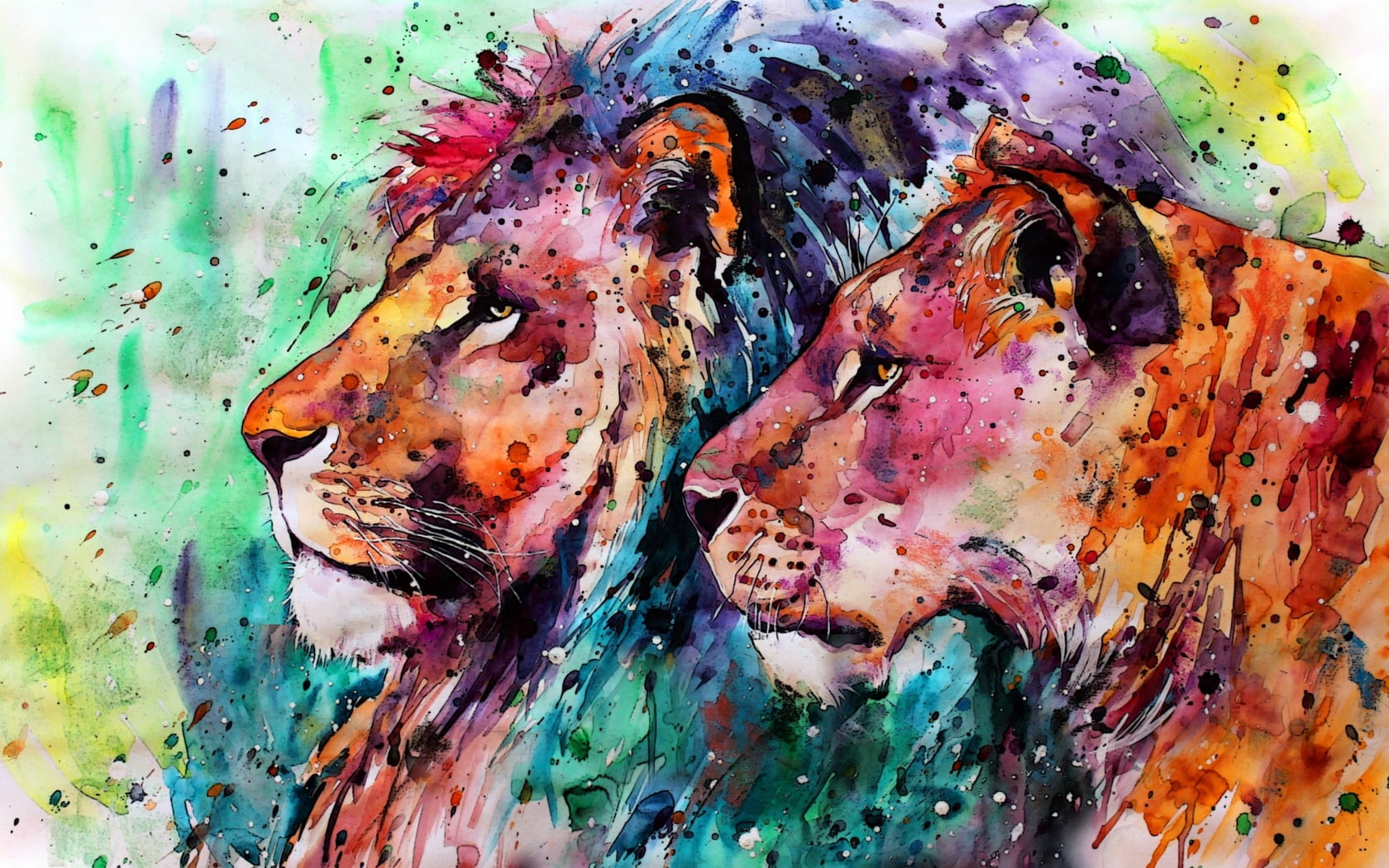 Lions, art, animal, green, painting, lioness, pictura, pink