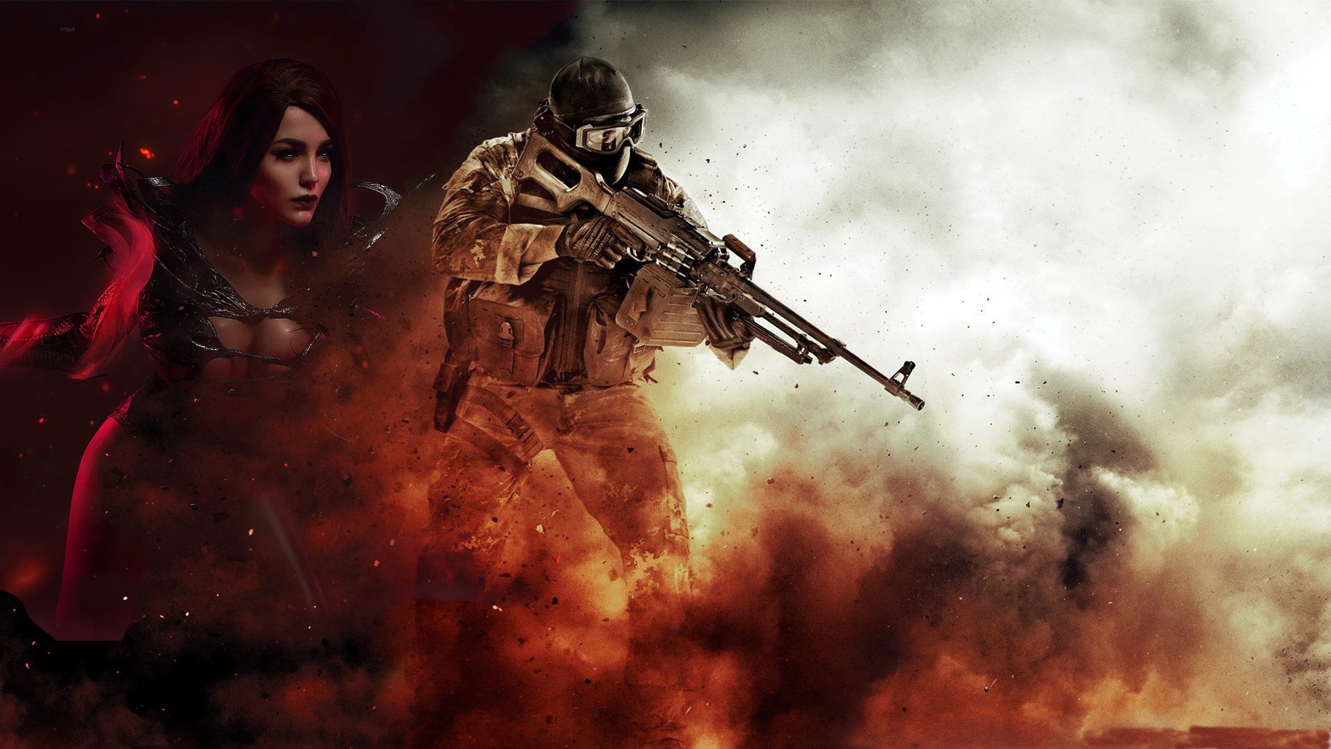 girl, background, magic, smoke, explosions, male, machine gun