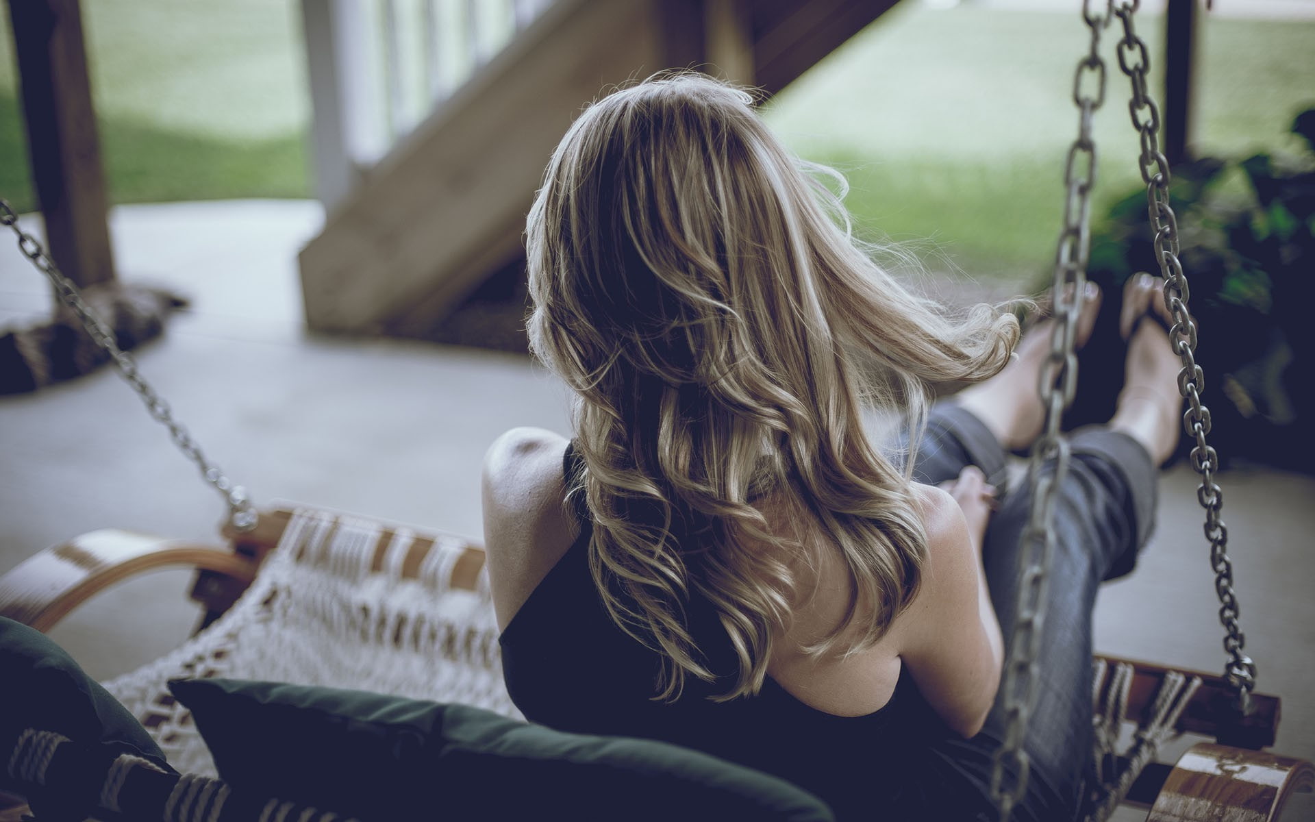 women swings, hair, one person, sitting, blond hair, hairstyle