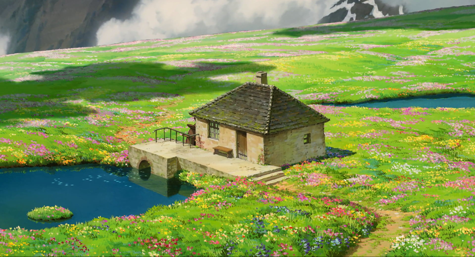 Howl's Moving Castle, house, anime, water, nature, flowers