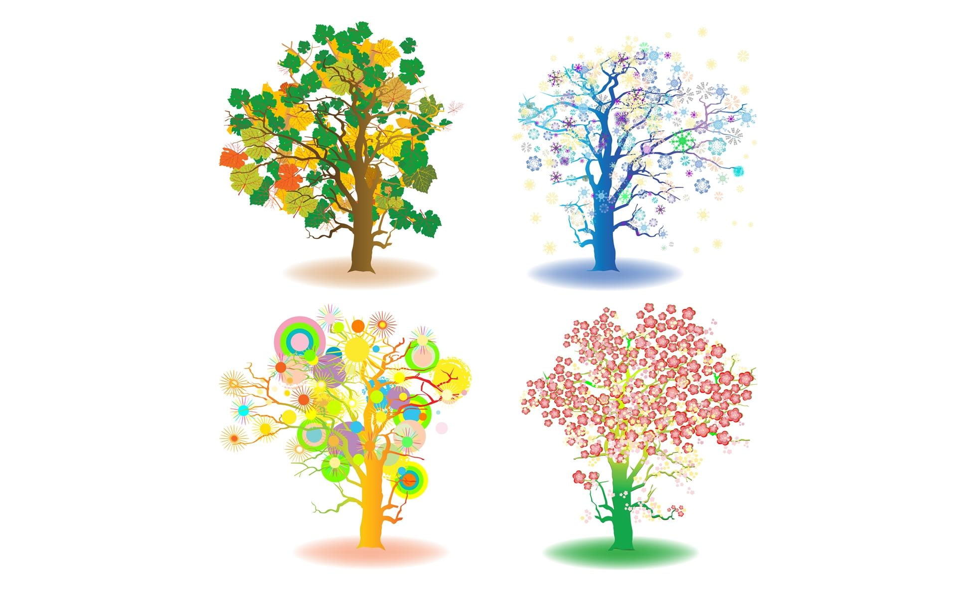 Four Seasons Trees, four animated trees, spring, autum, fall