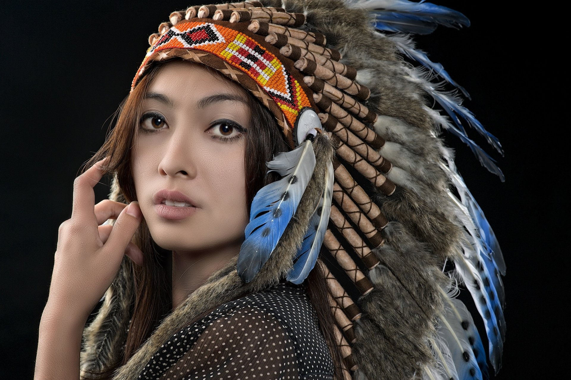 Women, Native American, Asian, Brown Eyes, Face, Feather, Girl