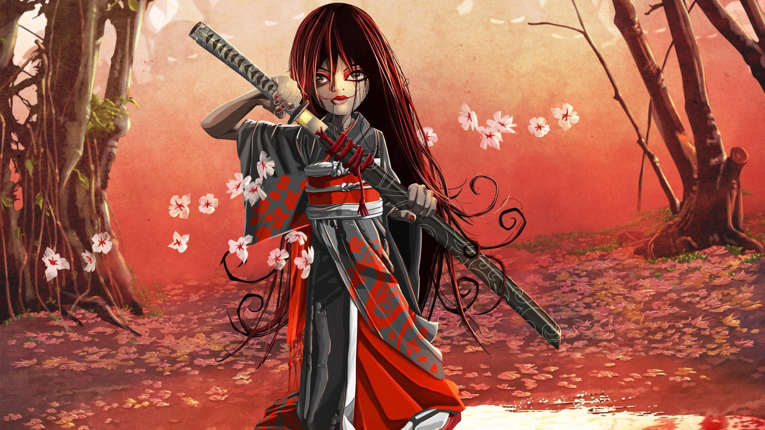 Samurai woman, girl holding katana illustration, anime, 2560x1440