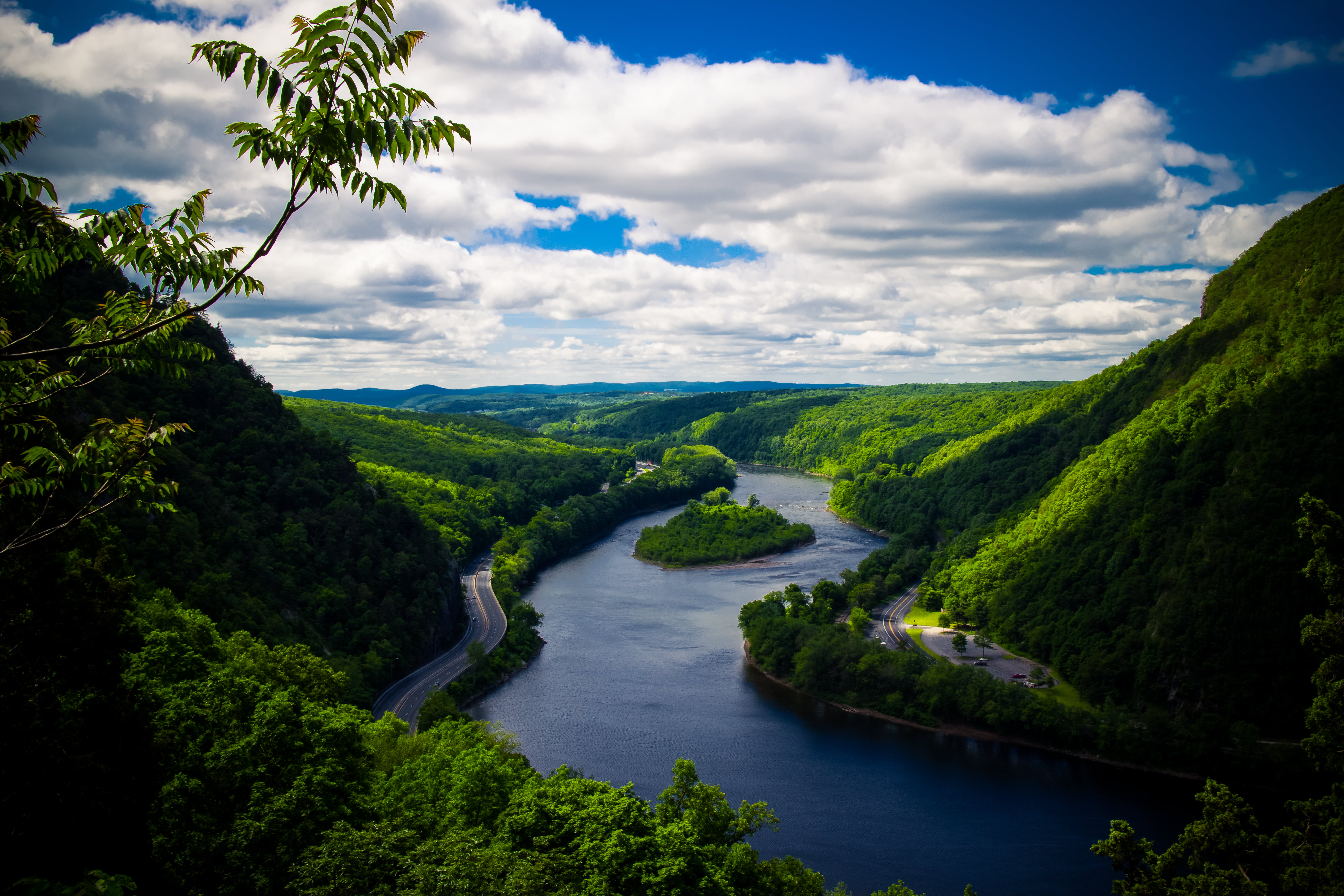 landscape photo of river between mounatains, sky, Delaware Water Gap