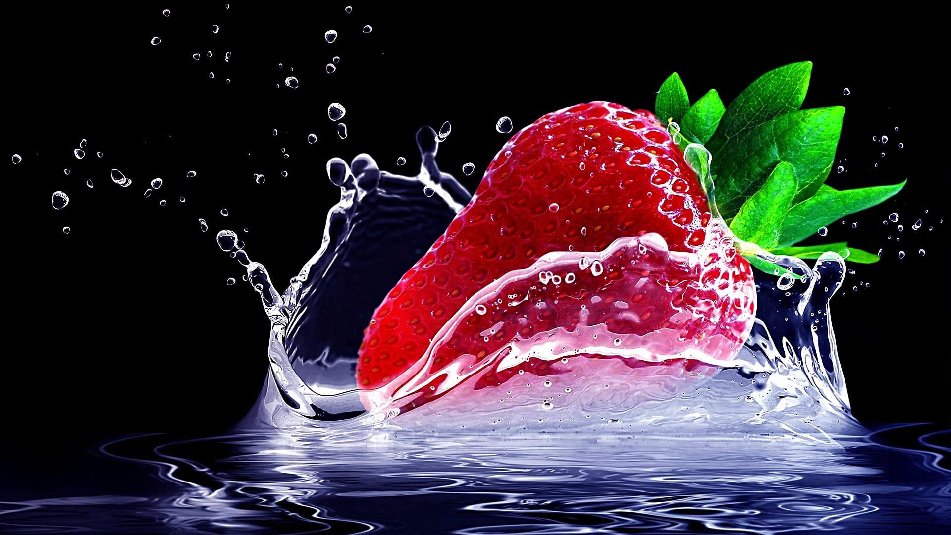 water, droplets, fruit, water drops, dark, strawberry, digital art