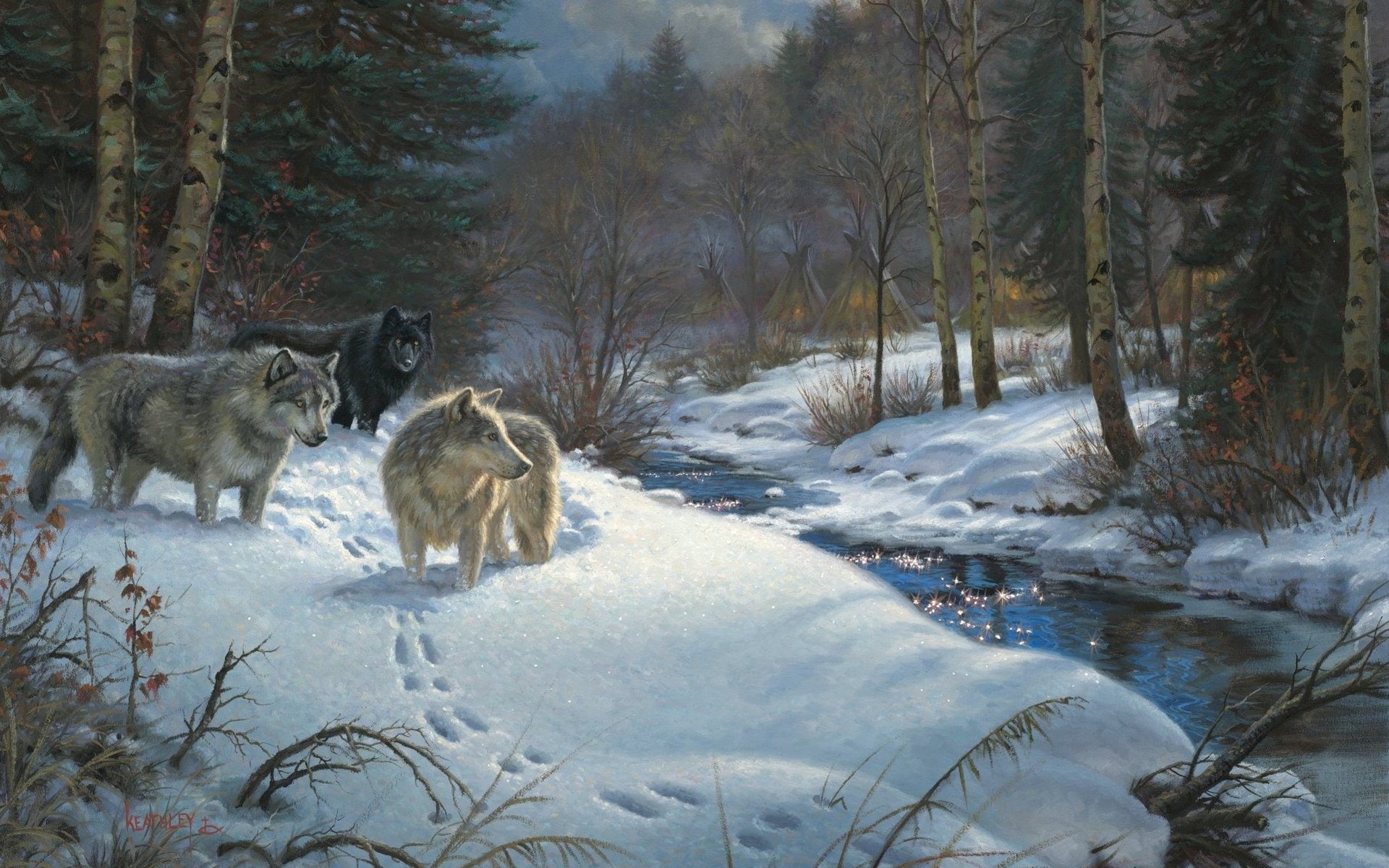1920x1200 px forest Mark Keathley painting snow Valley of Shadows winter wolf Sports Water Sports HD Art