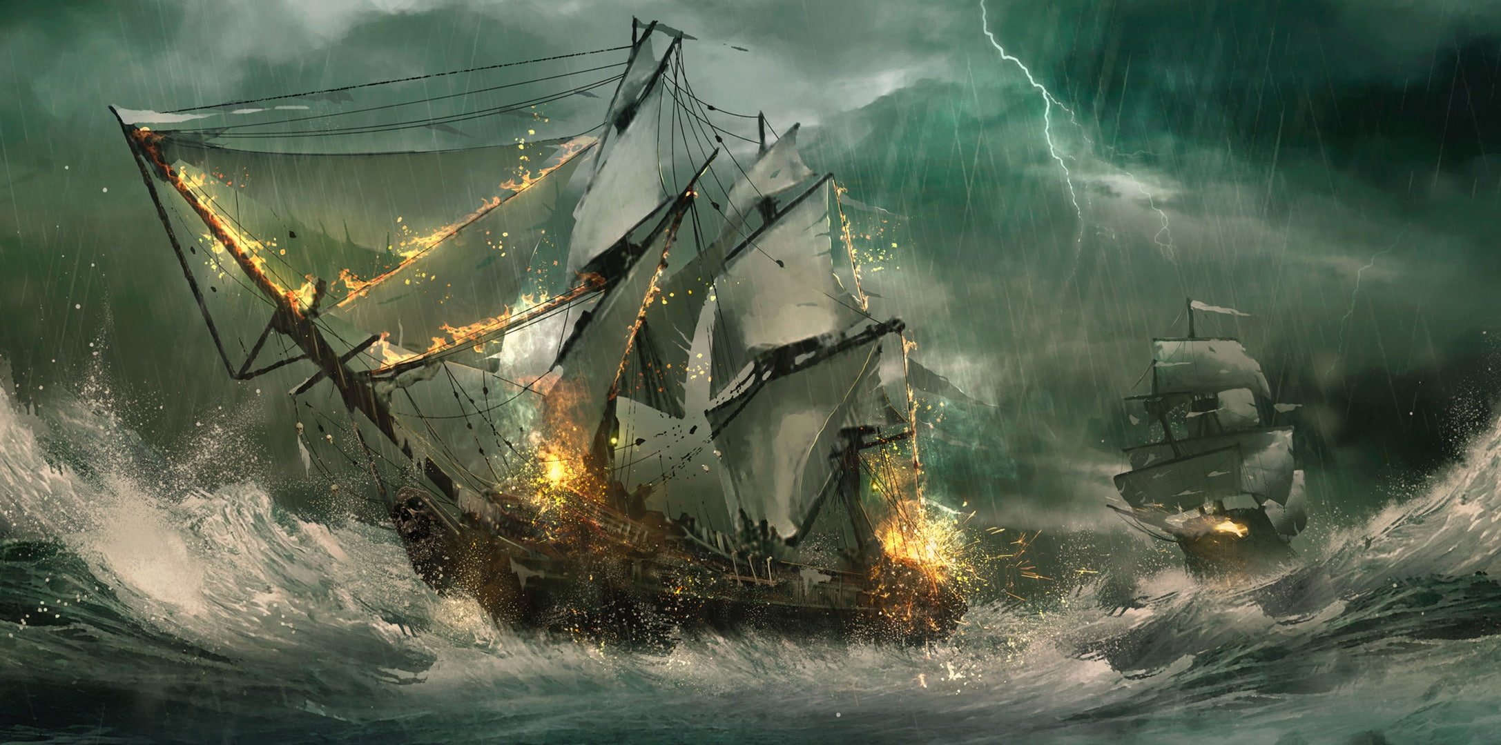 sea, wave, storm, lightning, ships, sailboats, frigates, sea battle