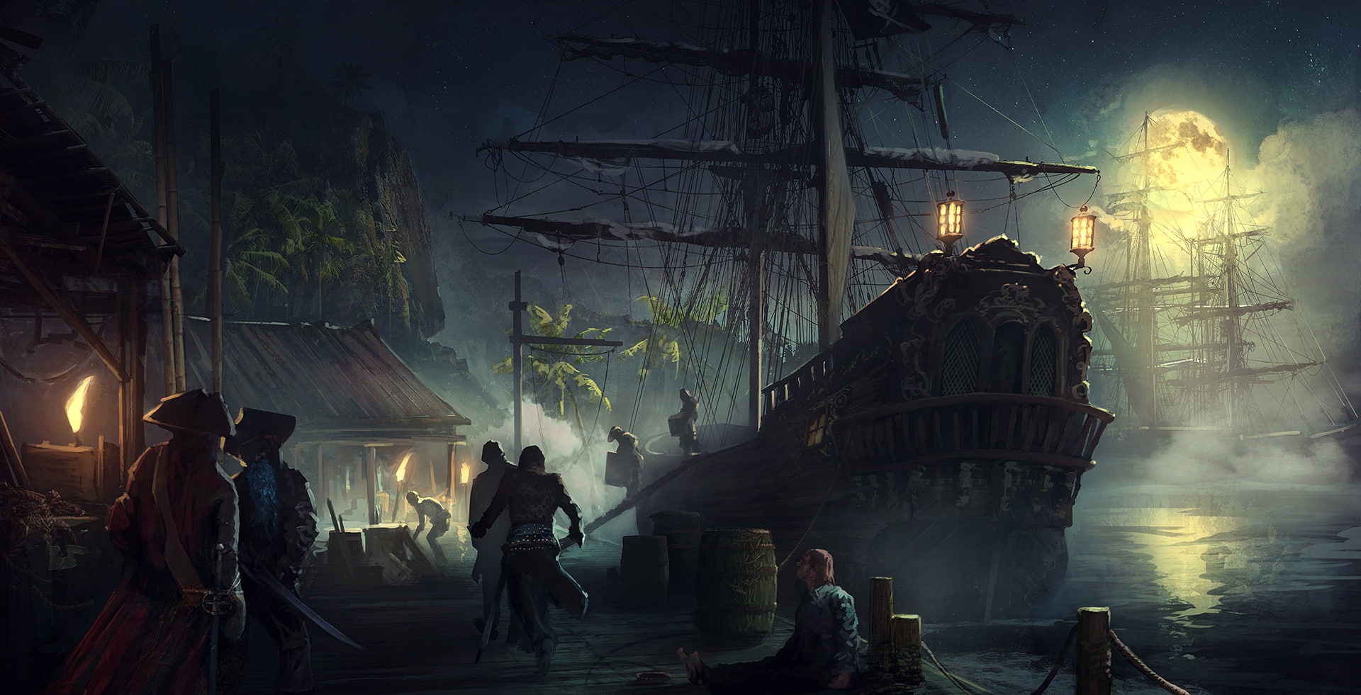 digital art, Dock, fantasy Art, Moon, night, pirates, Sailing Ship