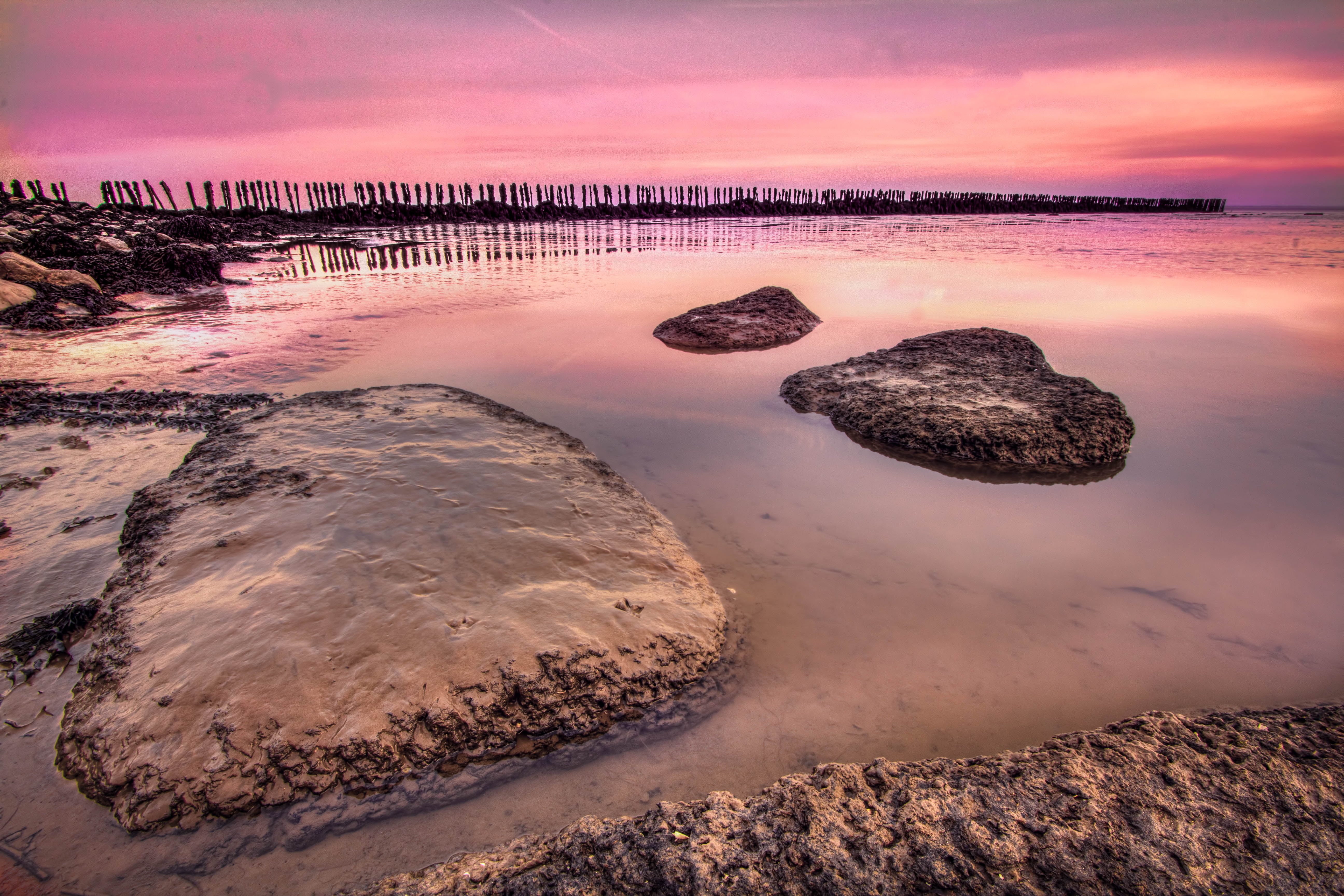 photography of rocks on body of water, Calm, st brides, hdr, beach