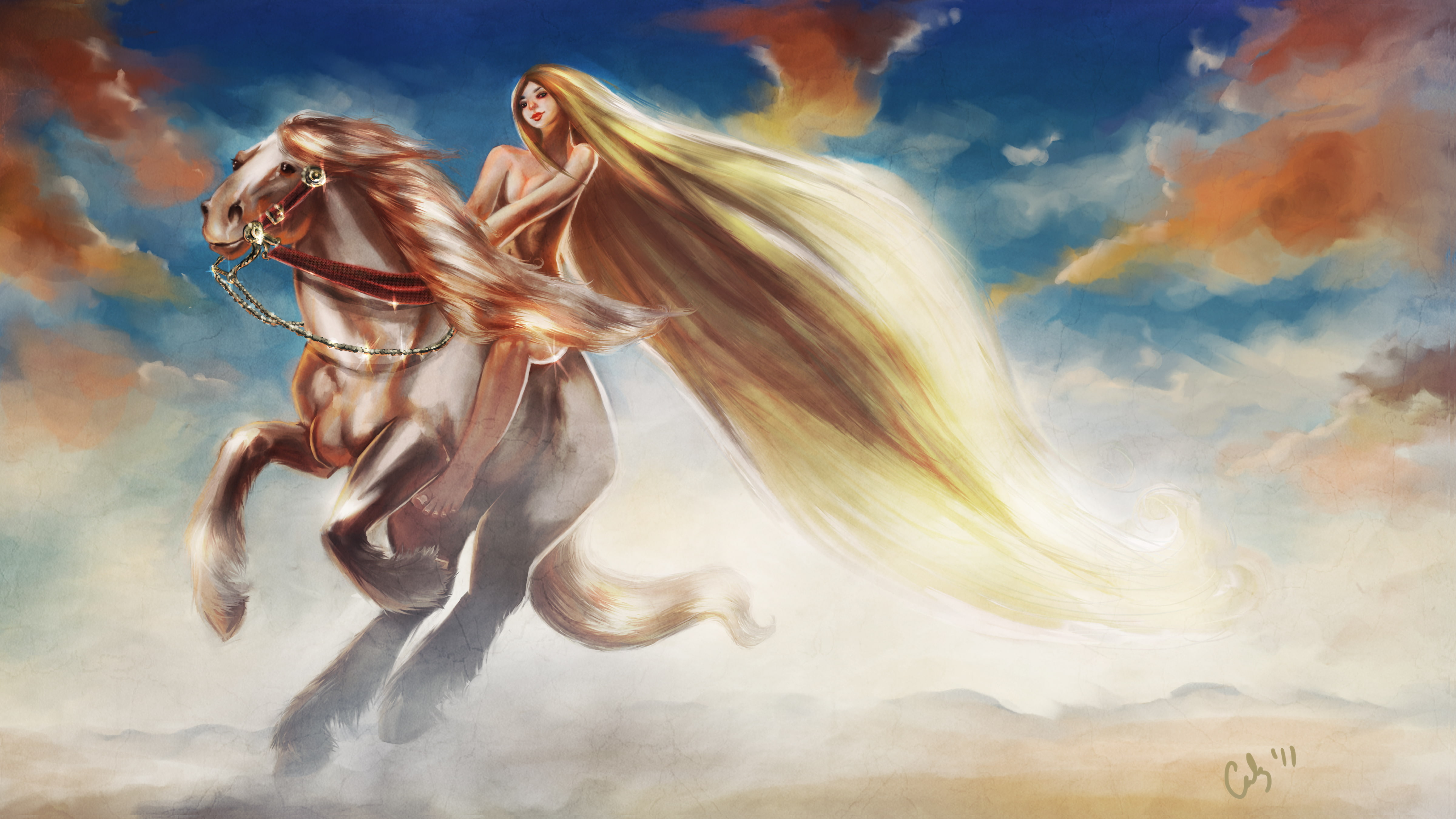 woman riding on horse painting, the sky, girl, clouds, animal