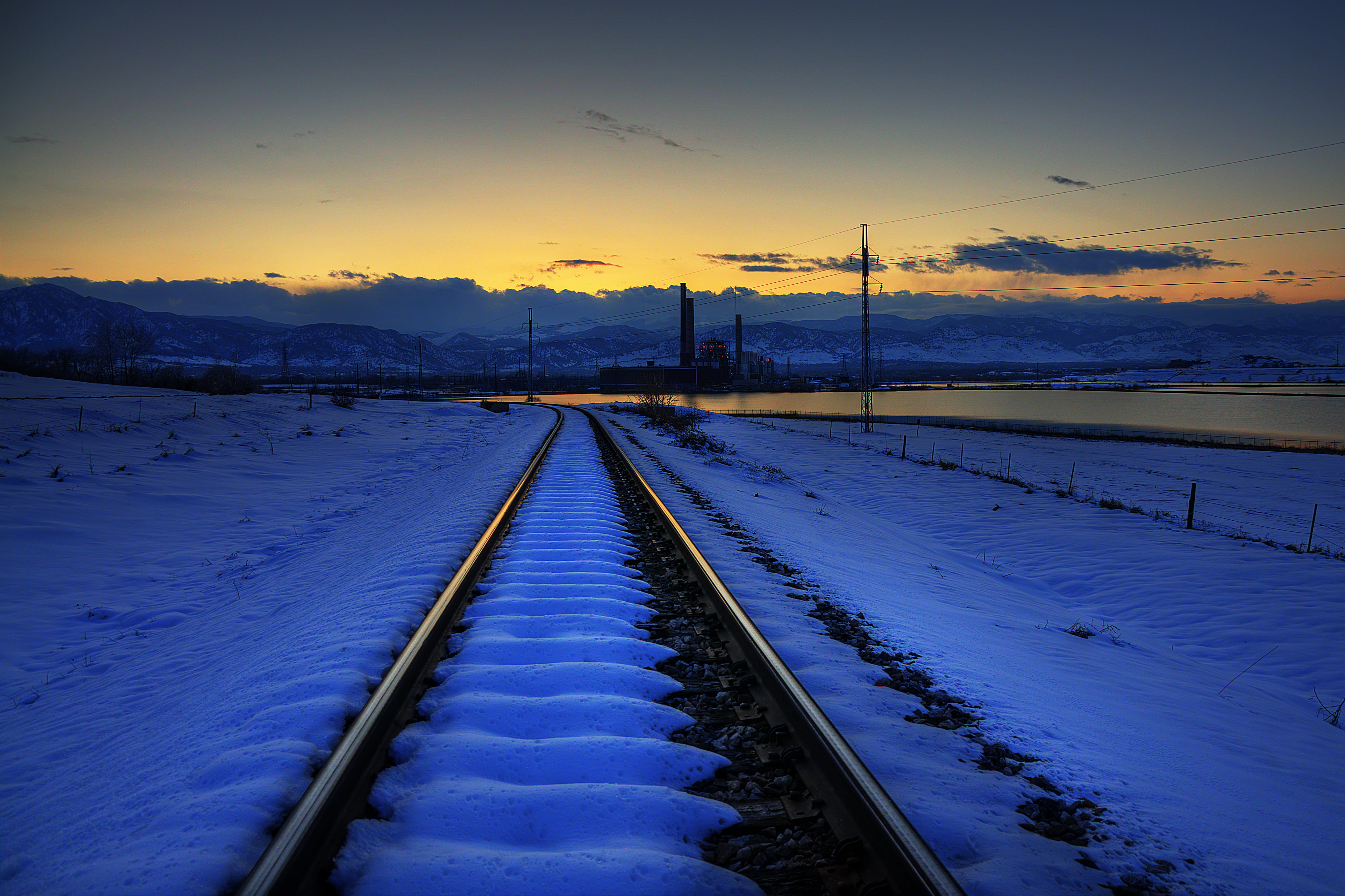 landscape of photography train rail covered in snow, Sunset, Railway