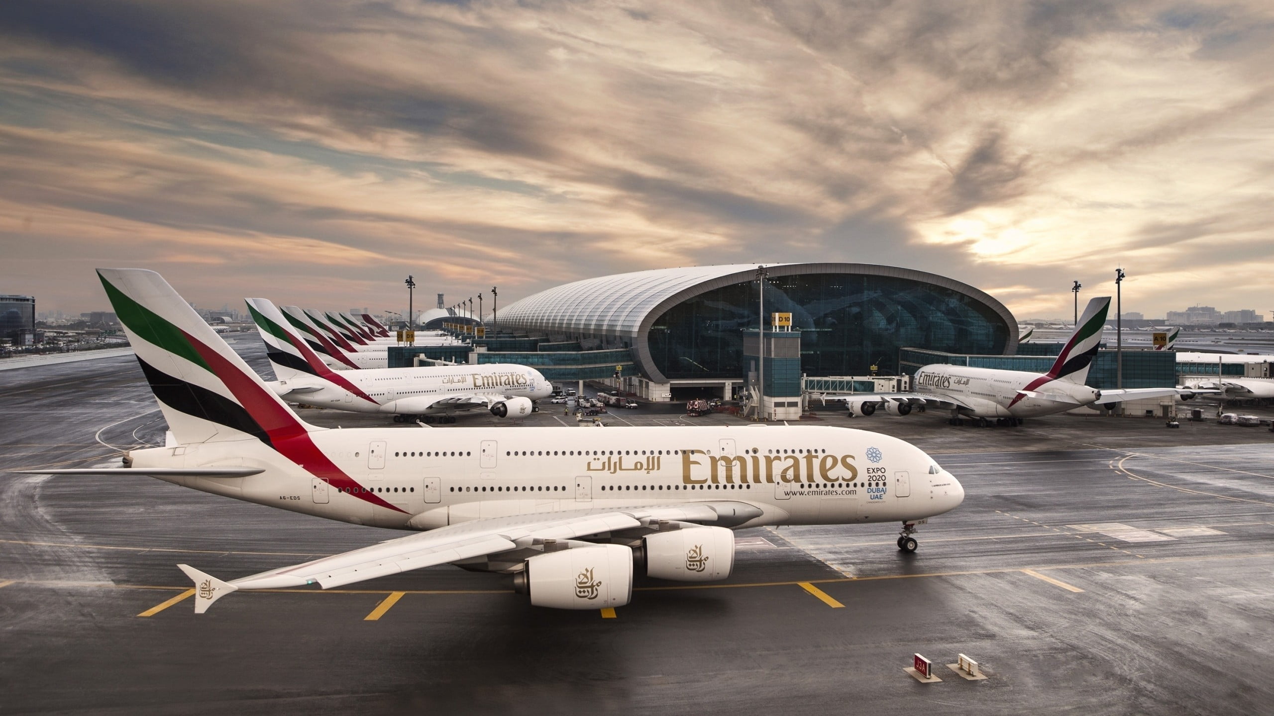 Emirates airliners, aircraft, airplane, passenger aircraft, airport
