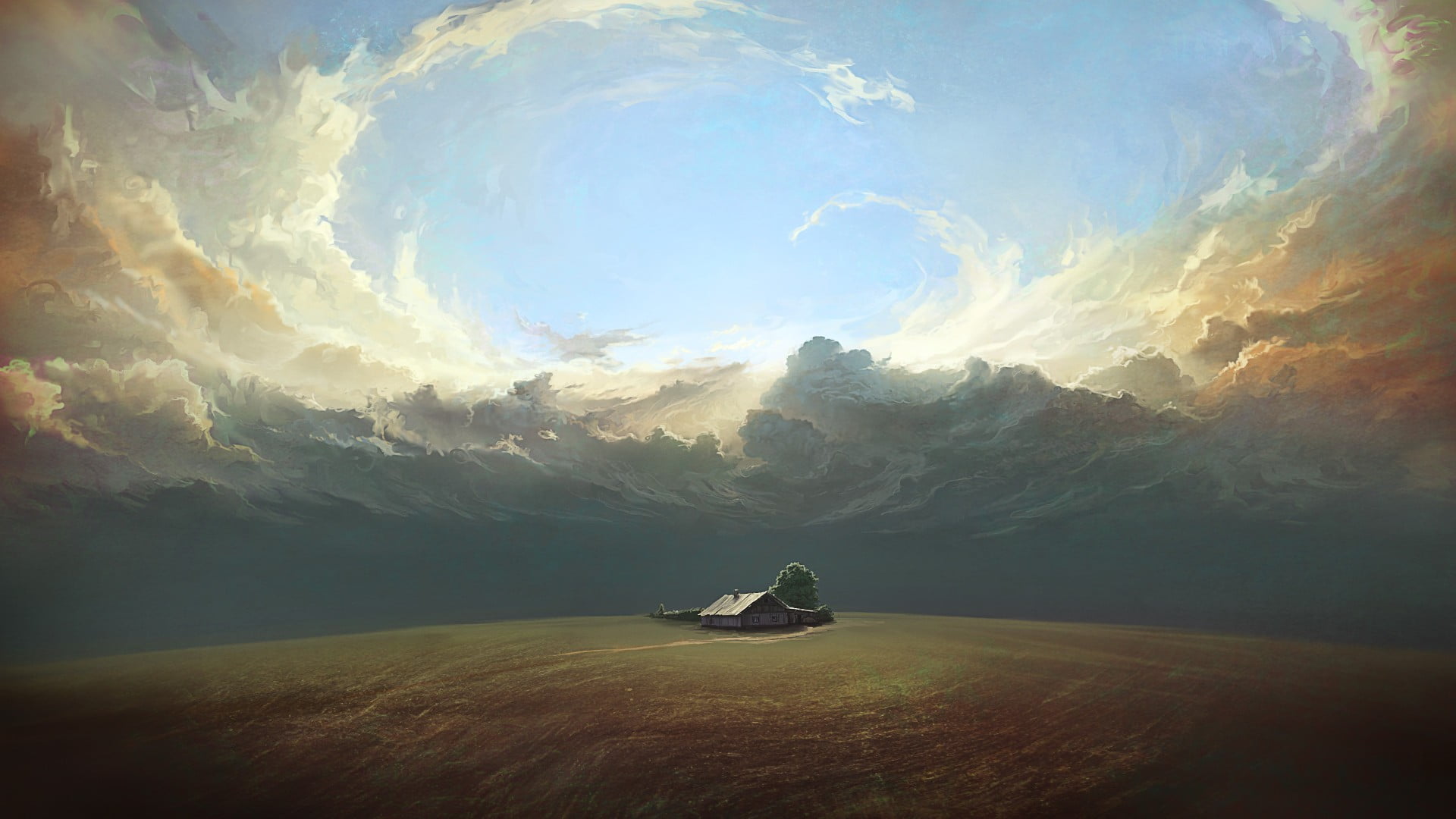 lone house painting, clouds, artwork, field, DeviantArt, sky