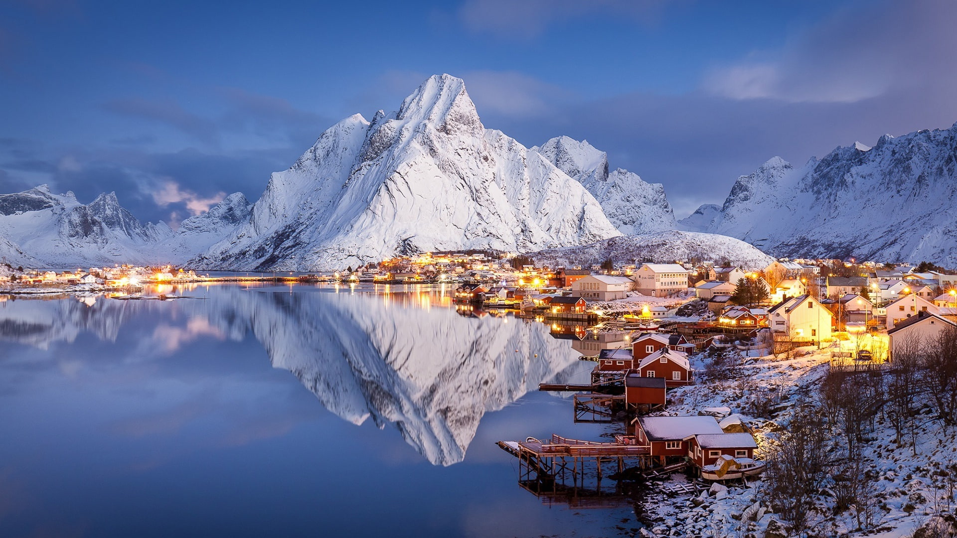 assorted-color houses, winter, snow, mountains, lake, home, the evening