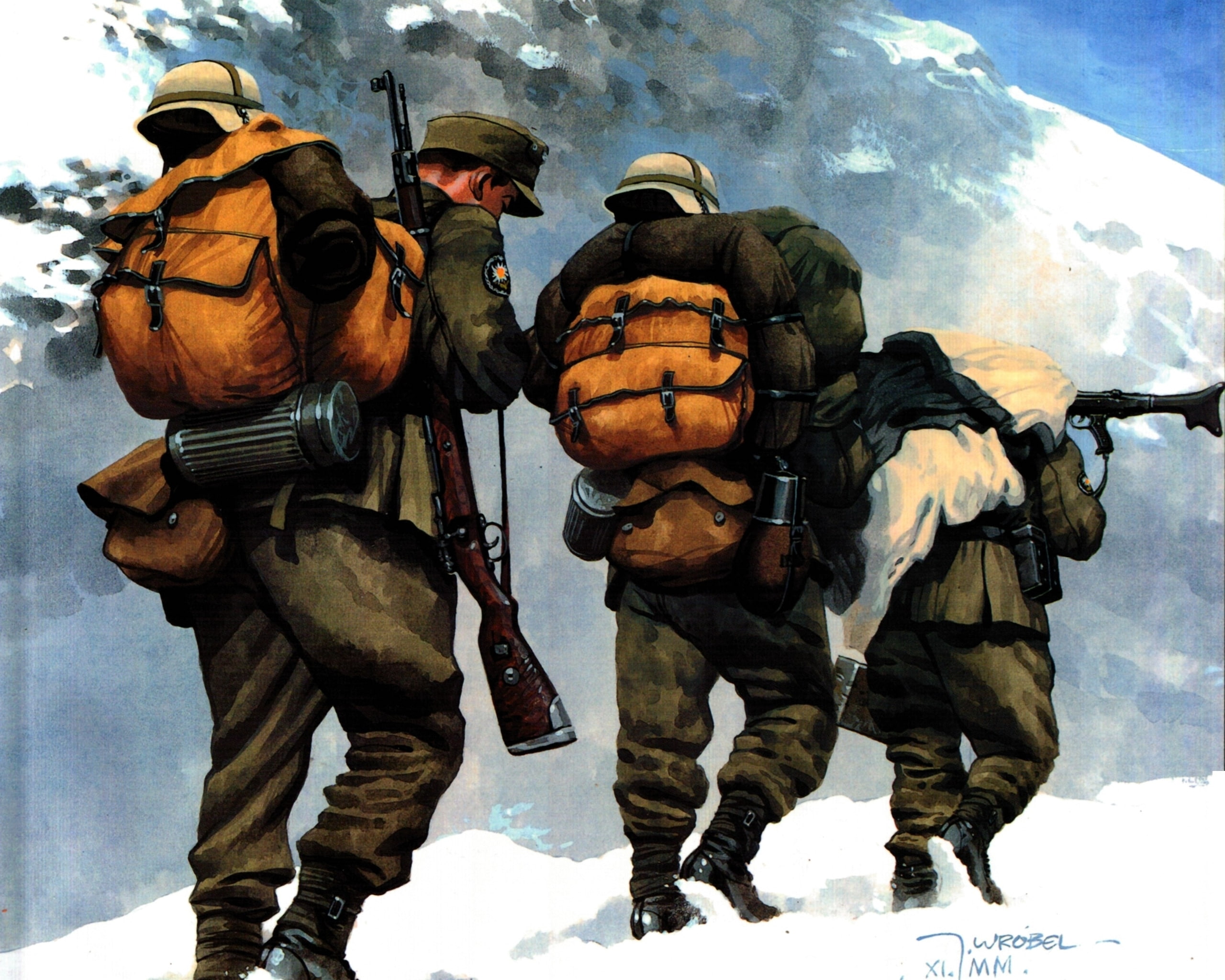 three men wearing battle suit walking on snow covered road painting