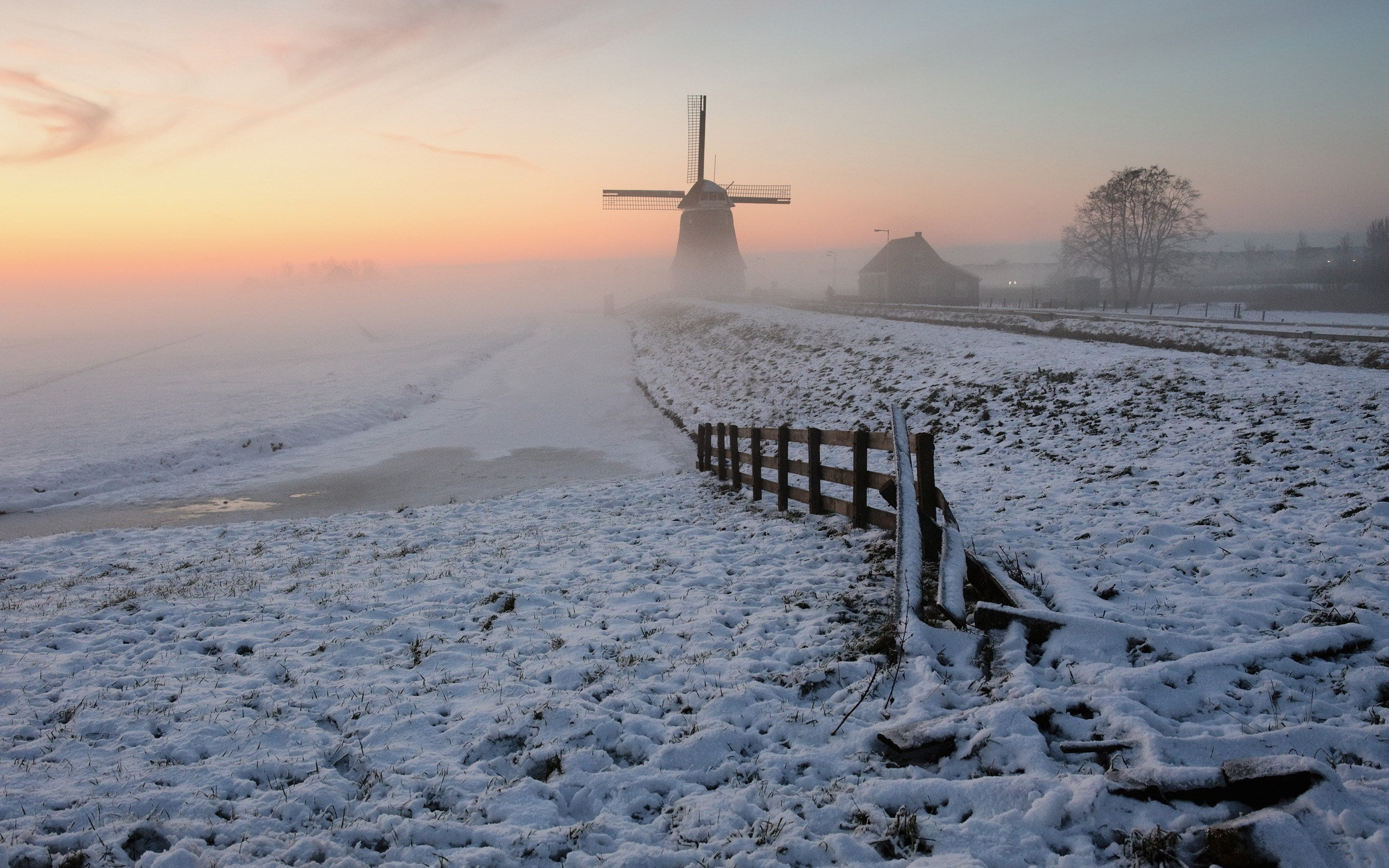 windmill, snow, cold temperature, winter, sky, sunset, nature