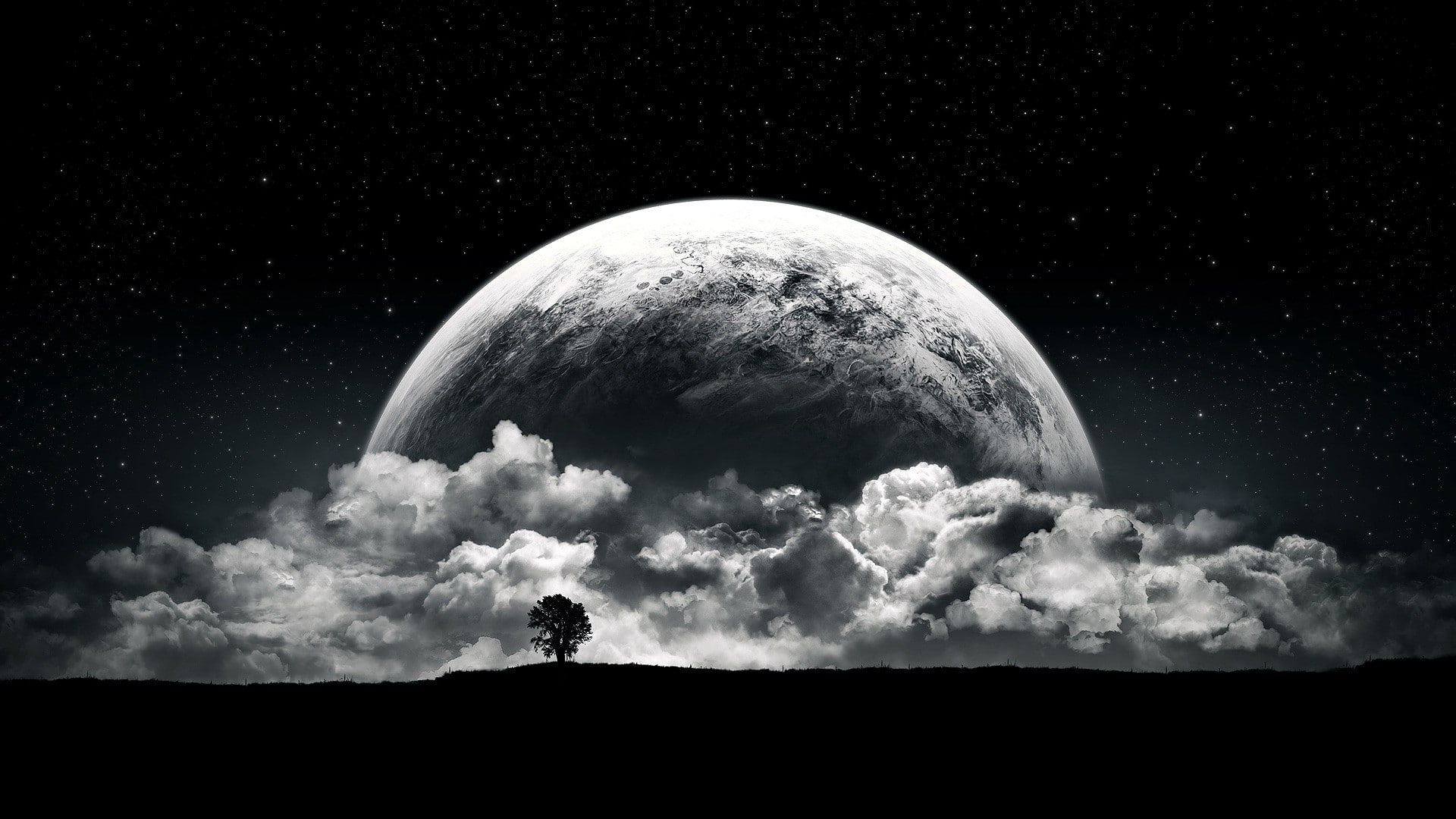 planet, Moon, clouds, stars, night, black, white, space, monochrome